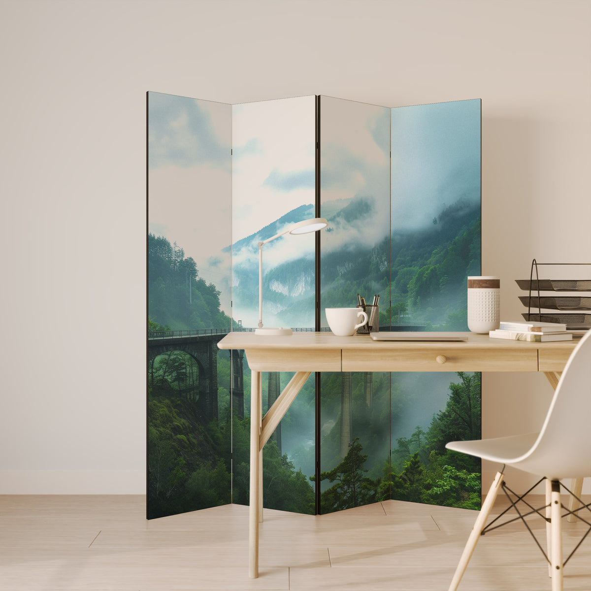 MISTY MOUNTAIN BRIDGES Biombo de 4 paneles