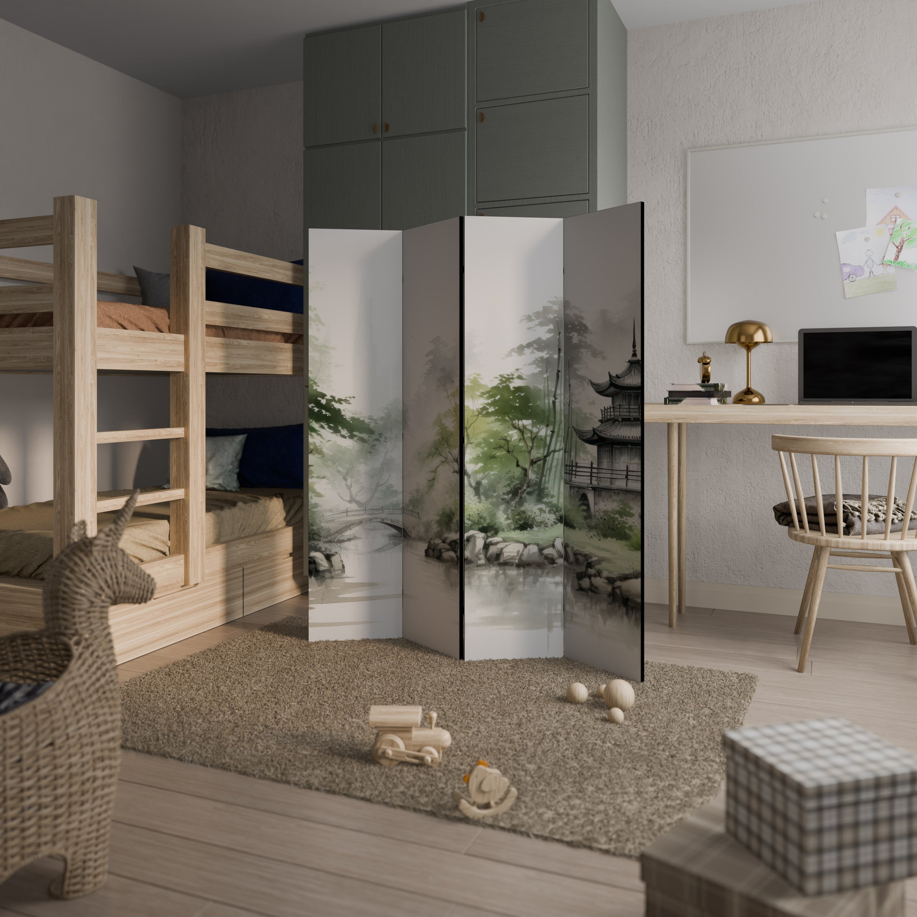 Divisor de ambientes decorativo de 4 paneles "PAISAJE ACUÁTICO ARMONIOSO"