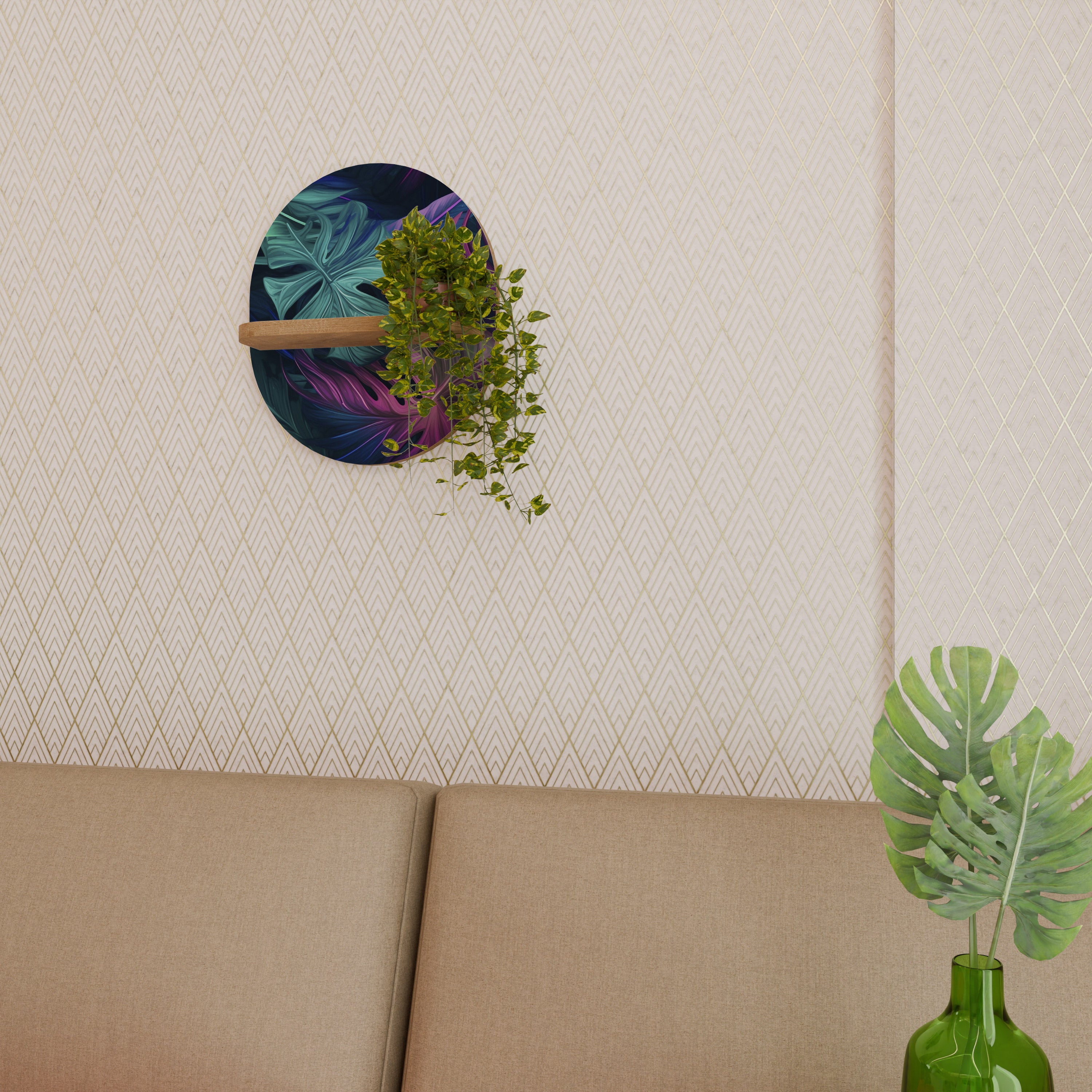 Estantería de arte ovalada PSYCHODELIC MONSTERA con efecto roble