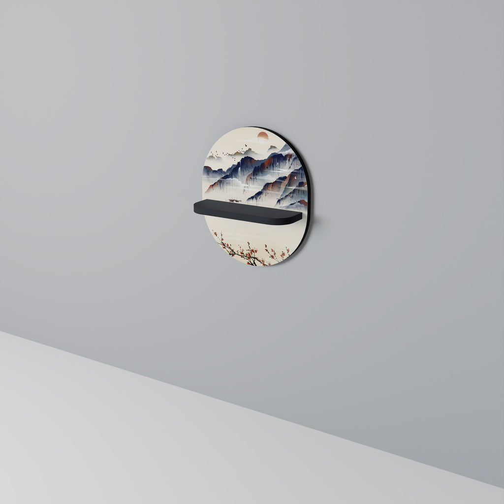 Estantería de arte ovalada con diseño de paisaje japonés en acabado negro