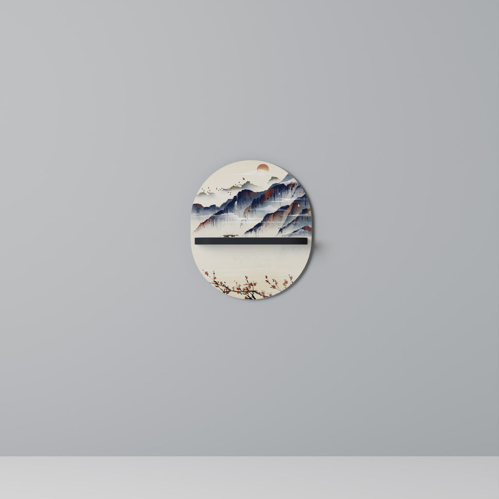 Estantería de arte ovalada con diseño de paisaje japonés en acabado negro