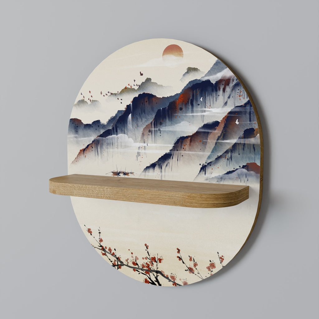 JAPANESE LANDSCAPE Oval Art Shelf In Oak Effect