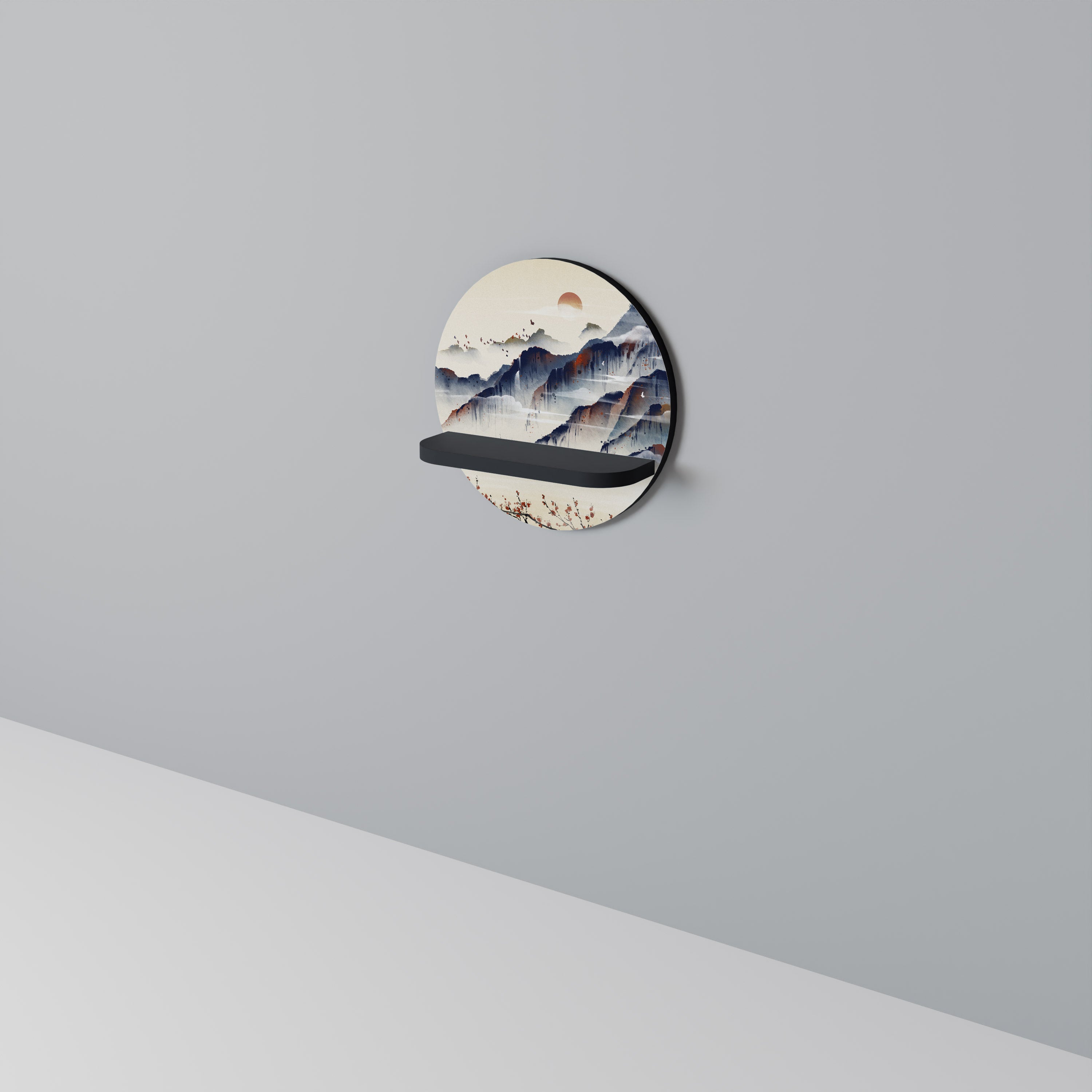 JAPANESE LANDSCAPE Round Art Shelf In Black Finish