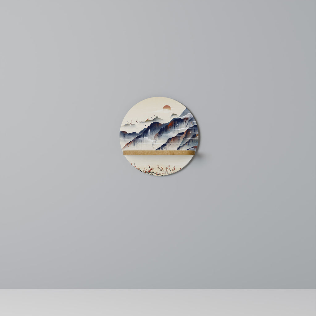 Estantería de arte redonda con diseño de paisaje japonés en efecto roble