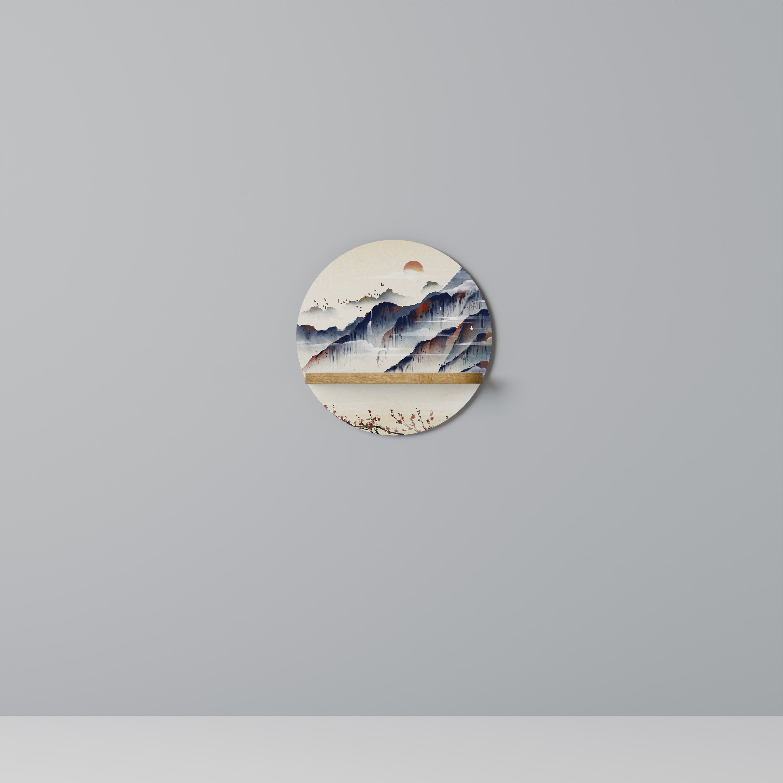 Estantería de arte redonda con diseño de paisaje japonés en efecto roble