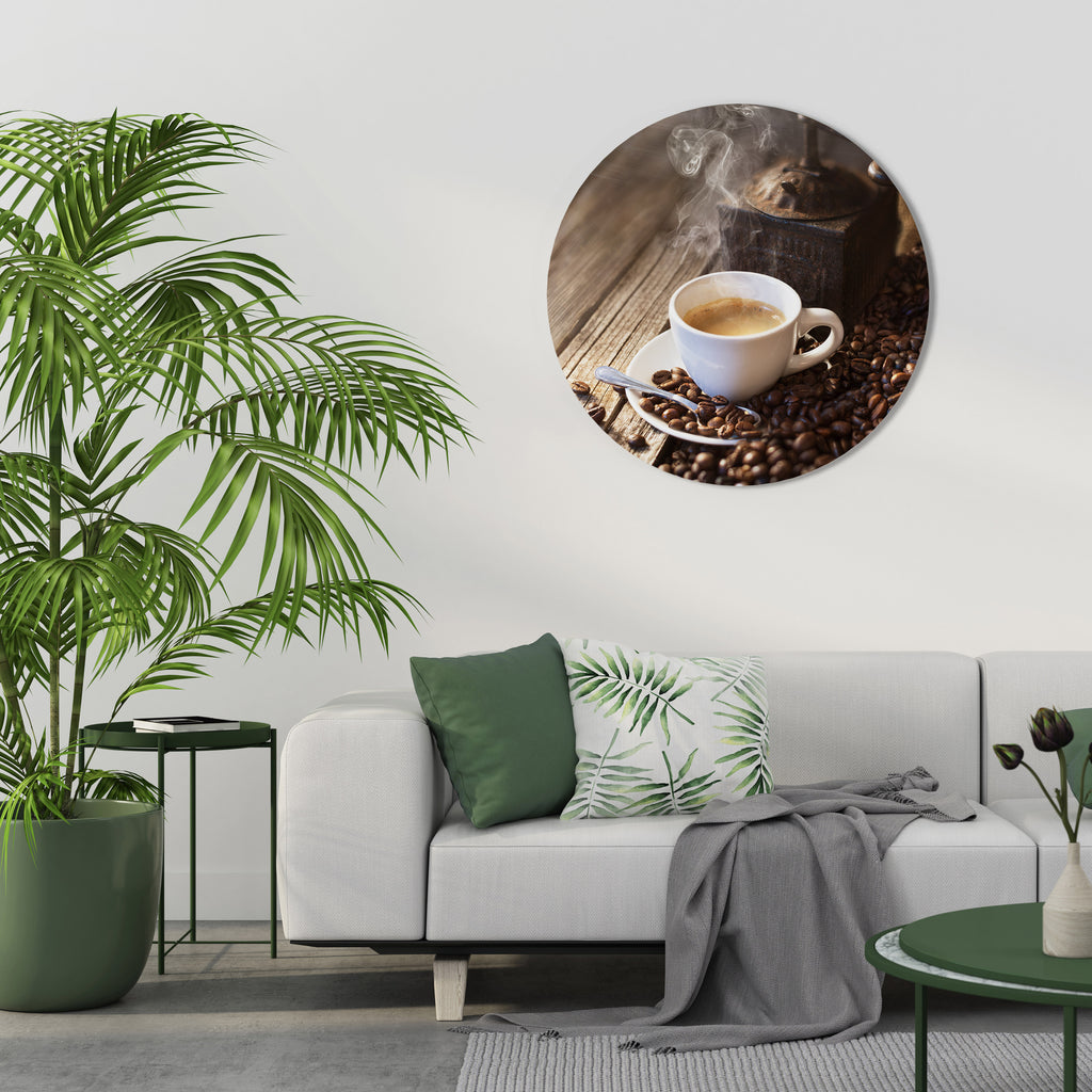 STEAMING BREWED DELIGHT Round Wall Art