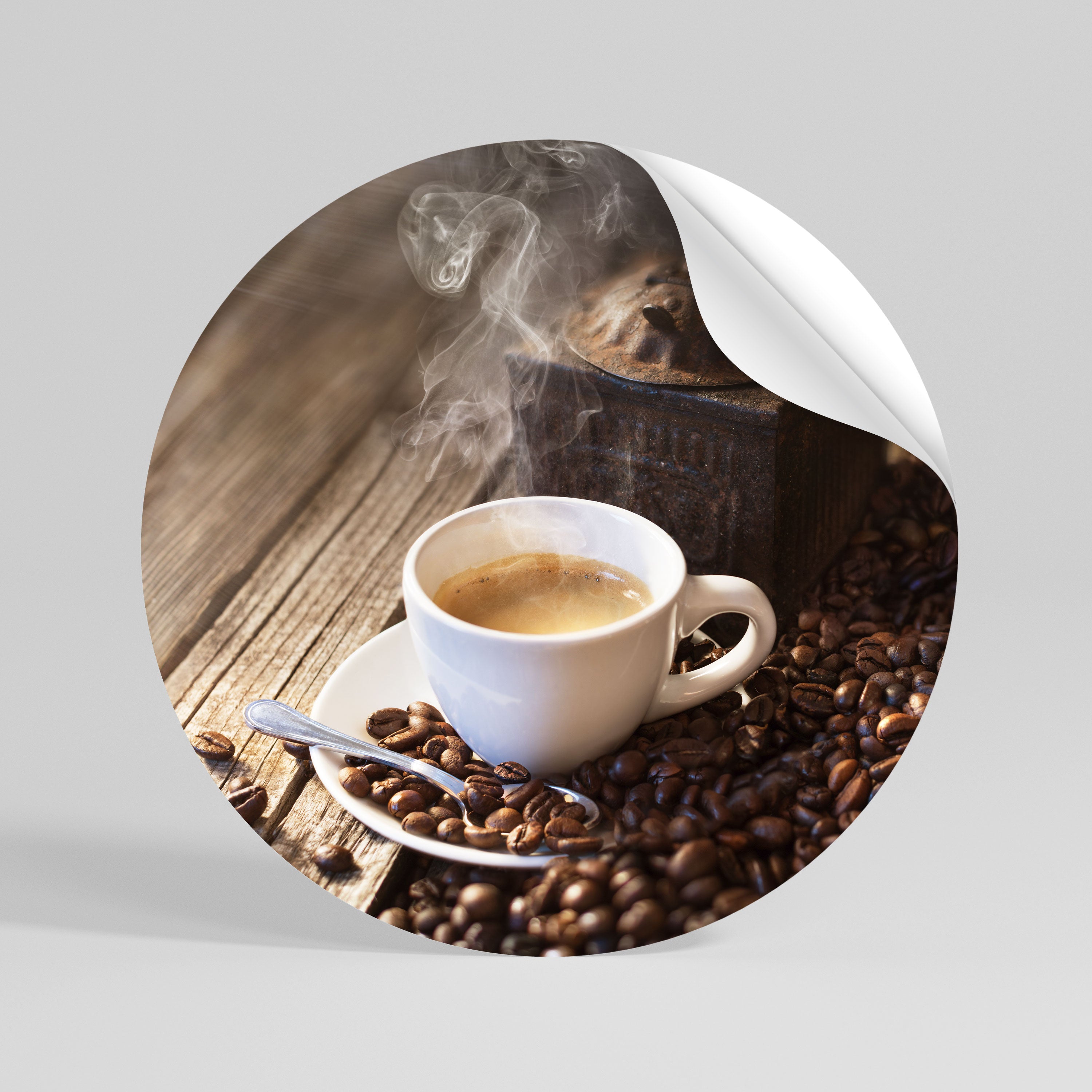 STEAMING BREWED DELIGHT Peel and Stick Round Sticker