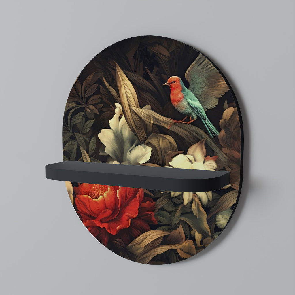 Estantería de arte ovalada con diseño de pájaros botánicos y acabado negro