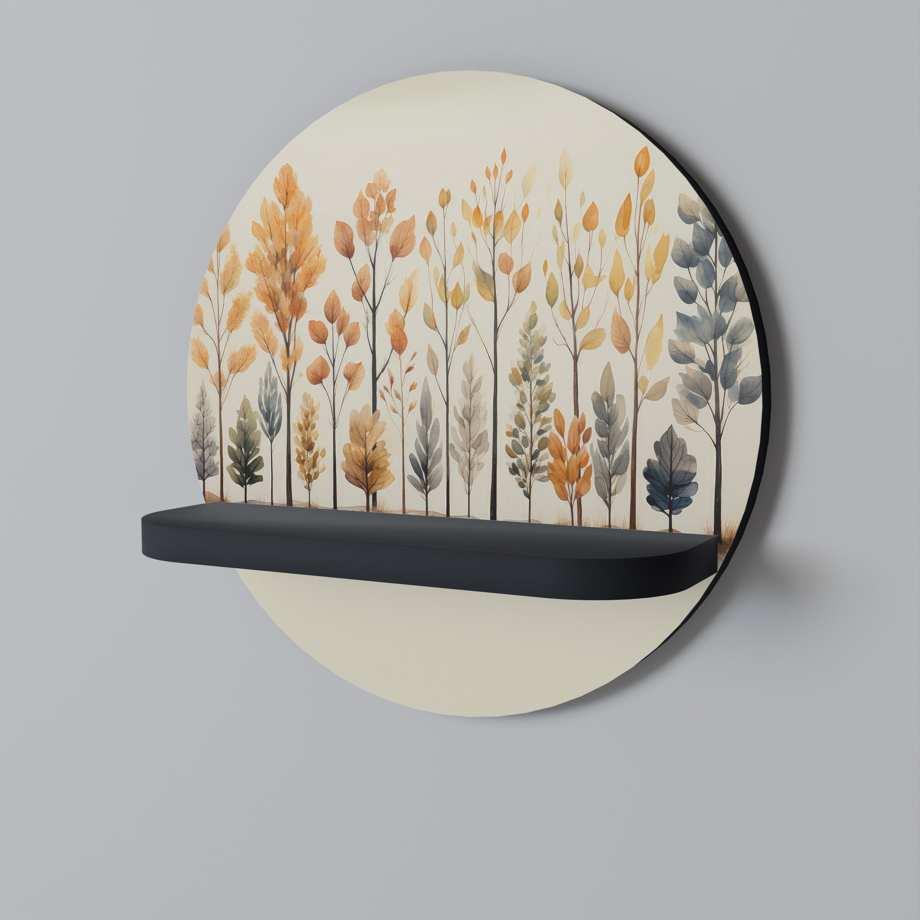 AUTUMN FOREST Round Art Shelf In Black Finish