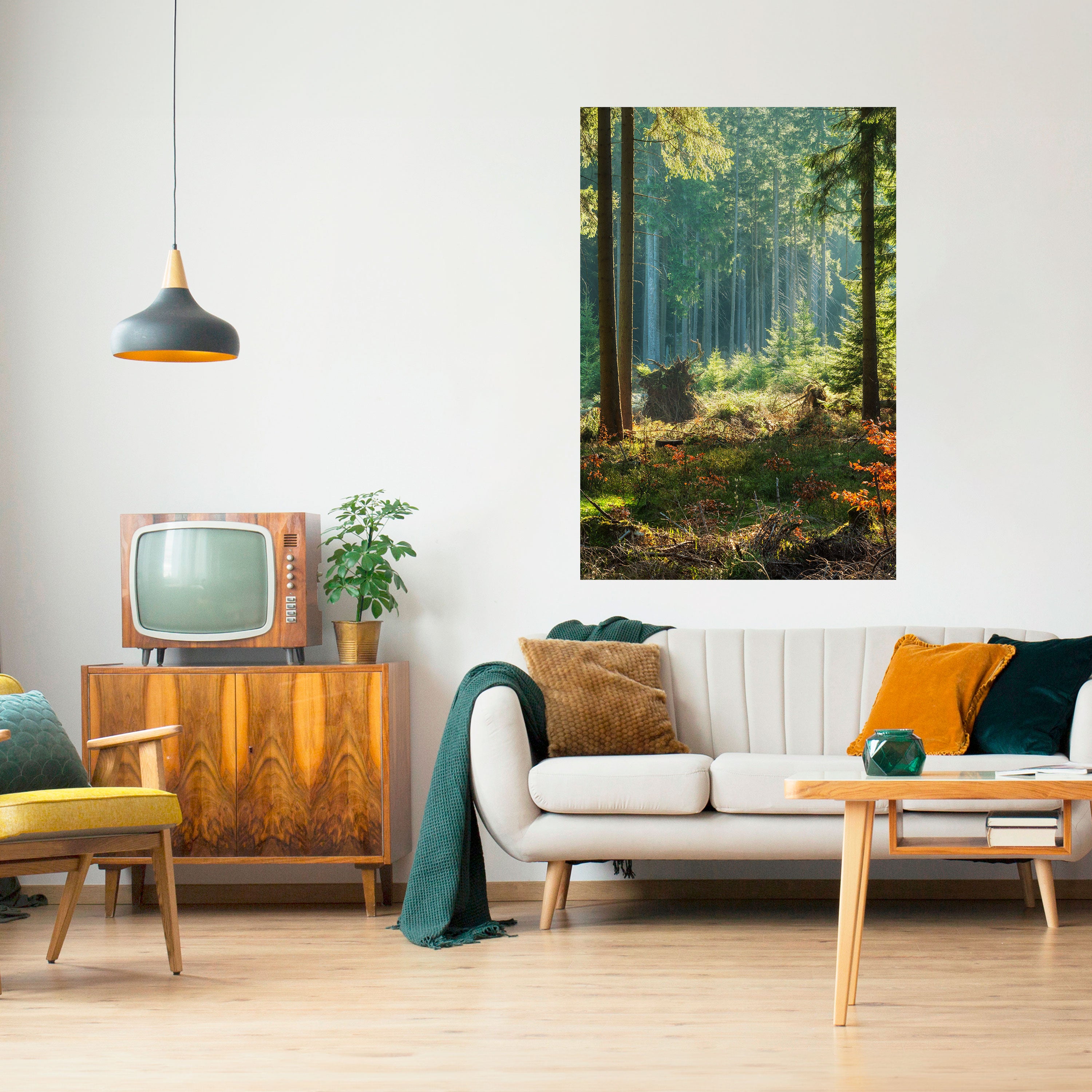 Póster vertical autoadhesivo "Serenata en el bosque iluminado por el sol"