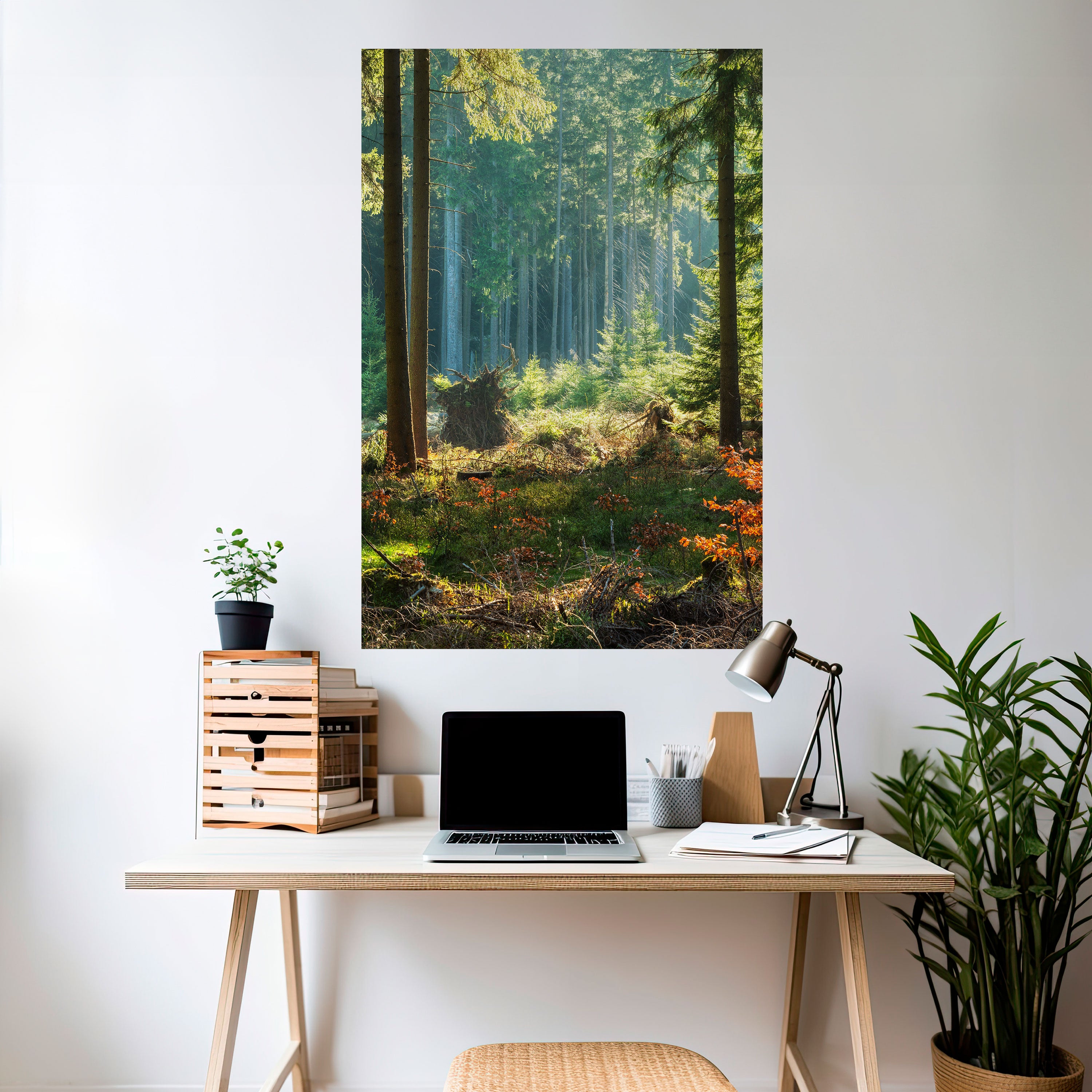 Póster vertical autoadhesivo "Serenata en el bosque iluminado por el sol"
