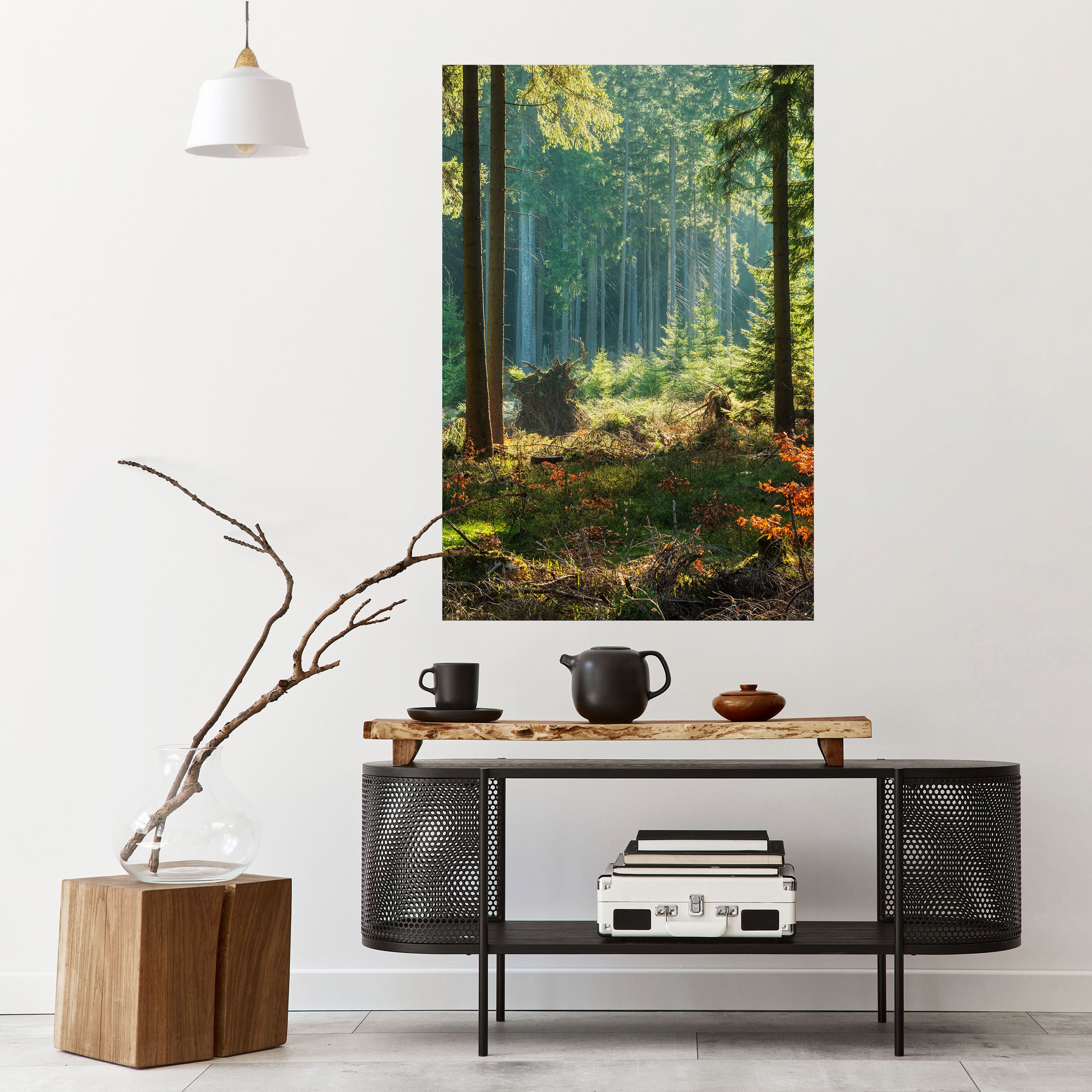Póster vertical autoadhesivo "Serenata en el bosque iluminado por el sol"