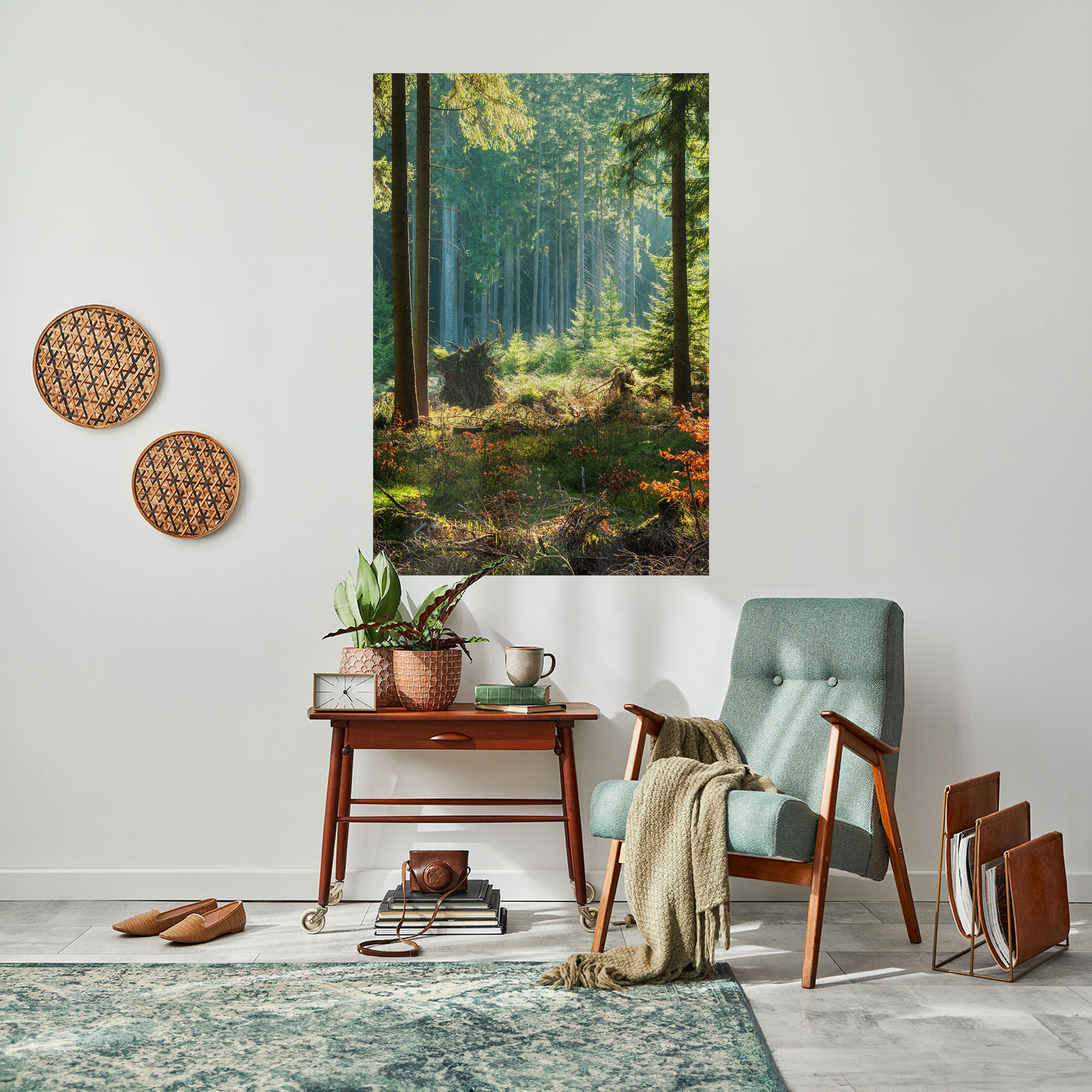 Póster vertical autoadhesivo "Serenata en el bosque iluminado por el sol"