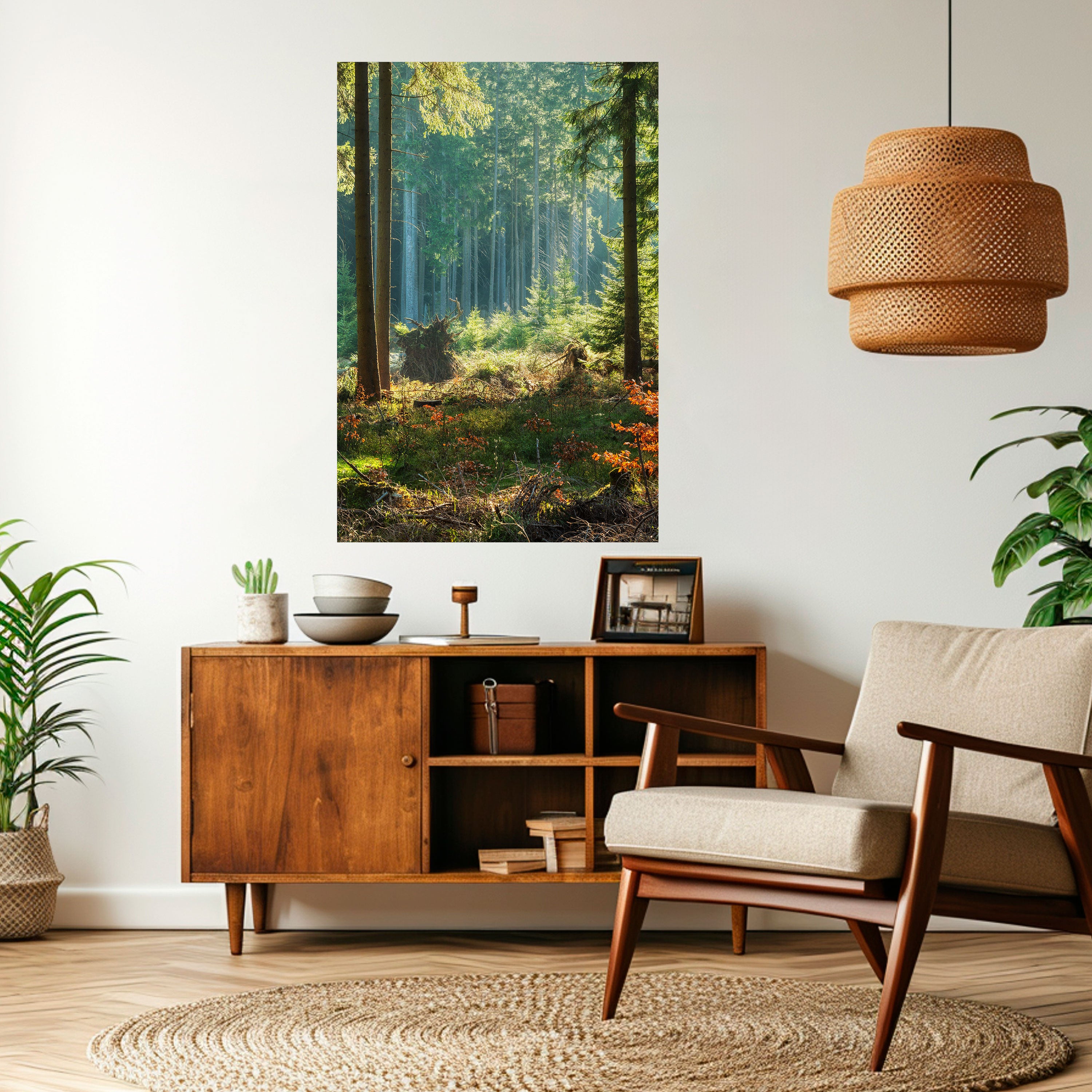 Póster vertical autoadhesivo "Serenata en el bosque iluminado por el sol"