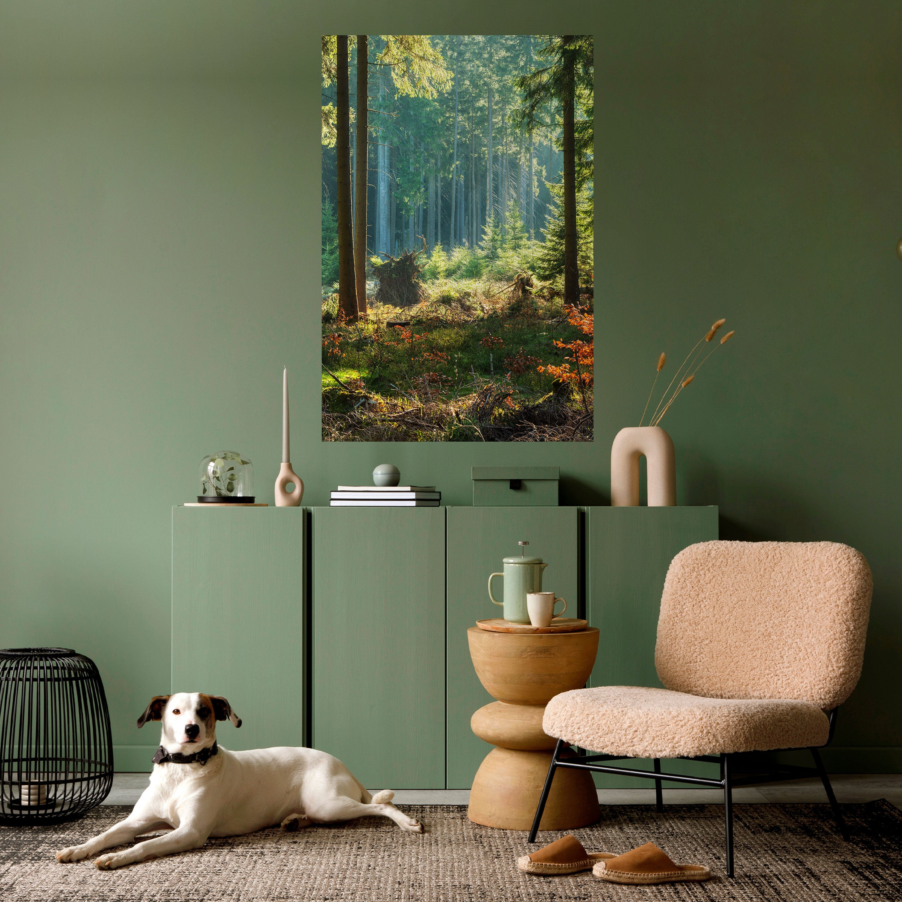 Póster vertical autoadhesivo "Serenata en el bosque iluminado por el sol"