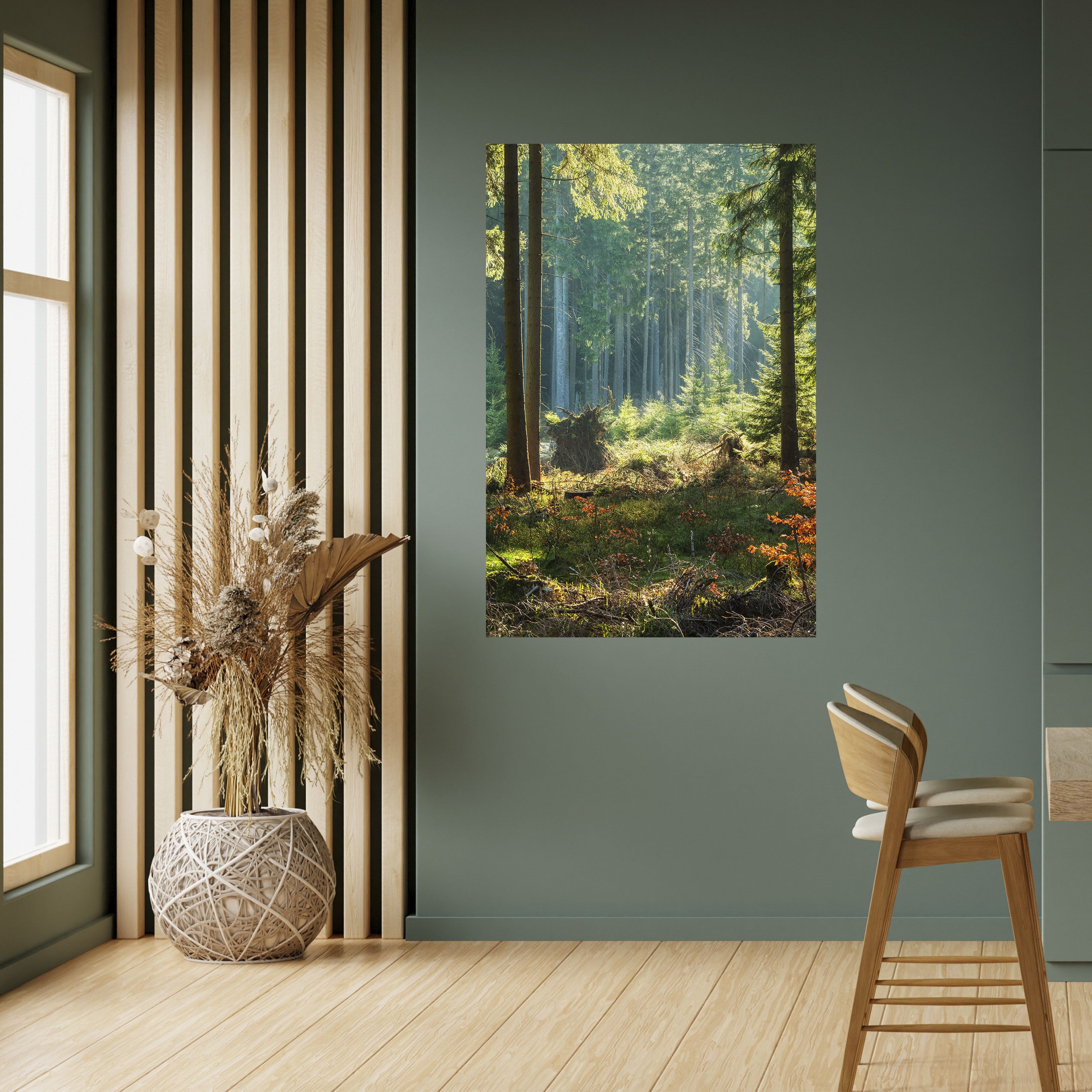Póster vertical autoadhesivo "Serenata en el bosque iluminado por el sol"
