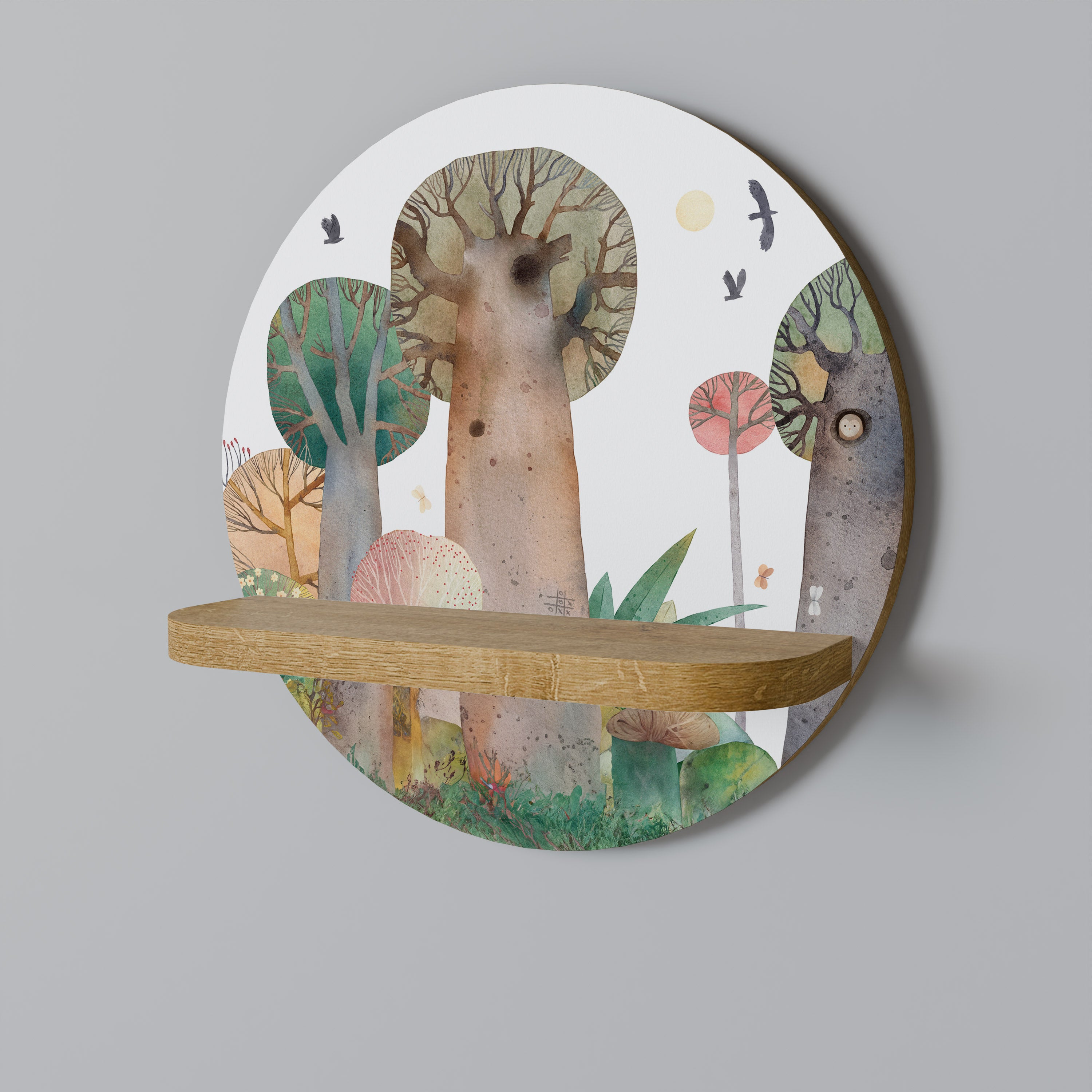 Estantería de arte redonda FLIGHT OVER con efecto roble