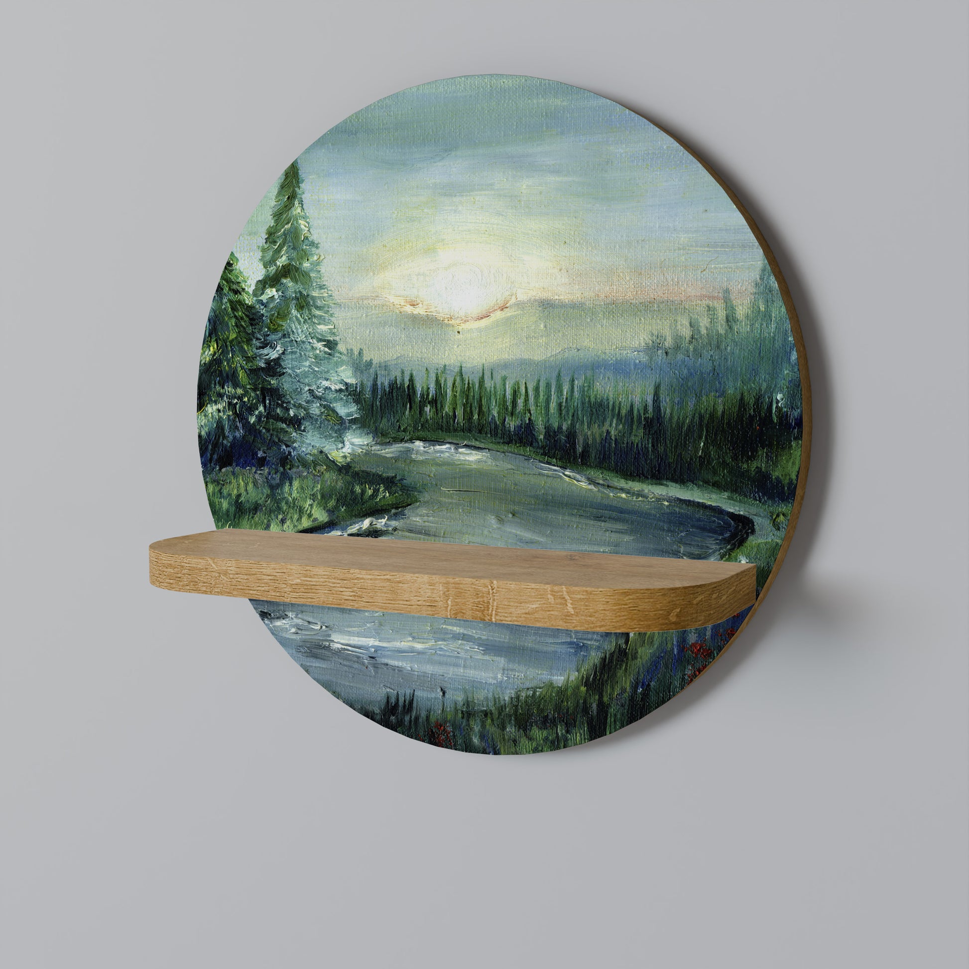 Estantería de arte redonda FOREST SUNSET con efecto roble