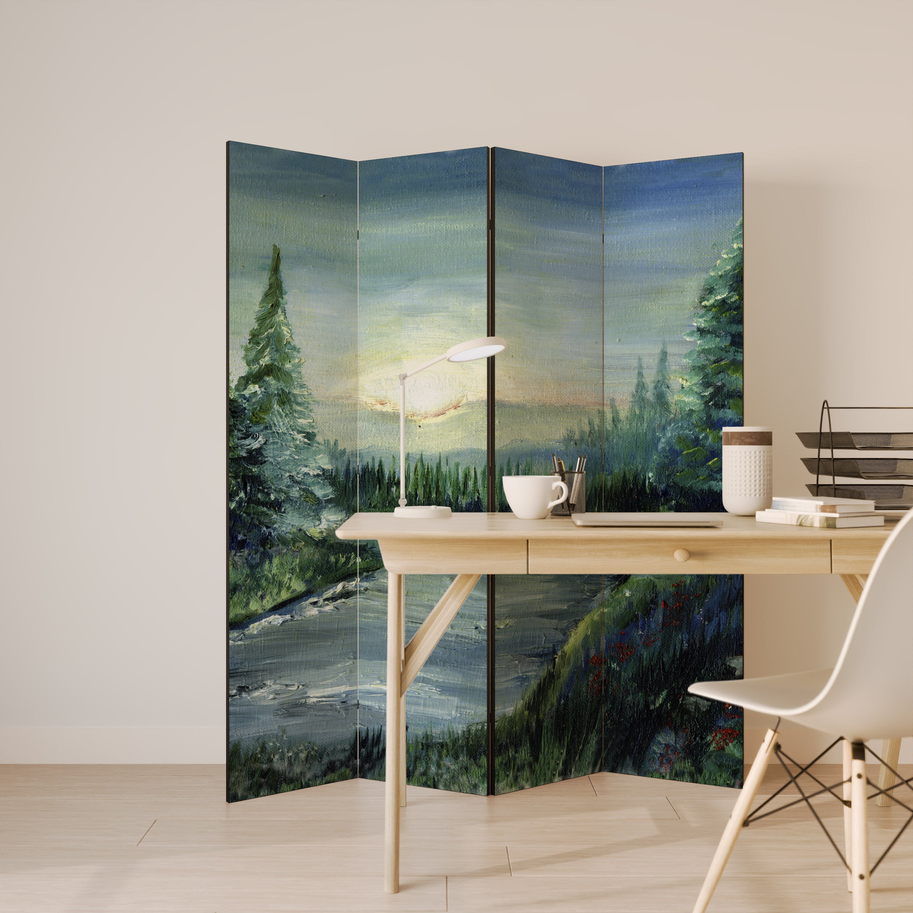 Biombo decorativo de 4 paneles FOREST SUNSET