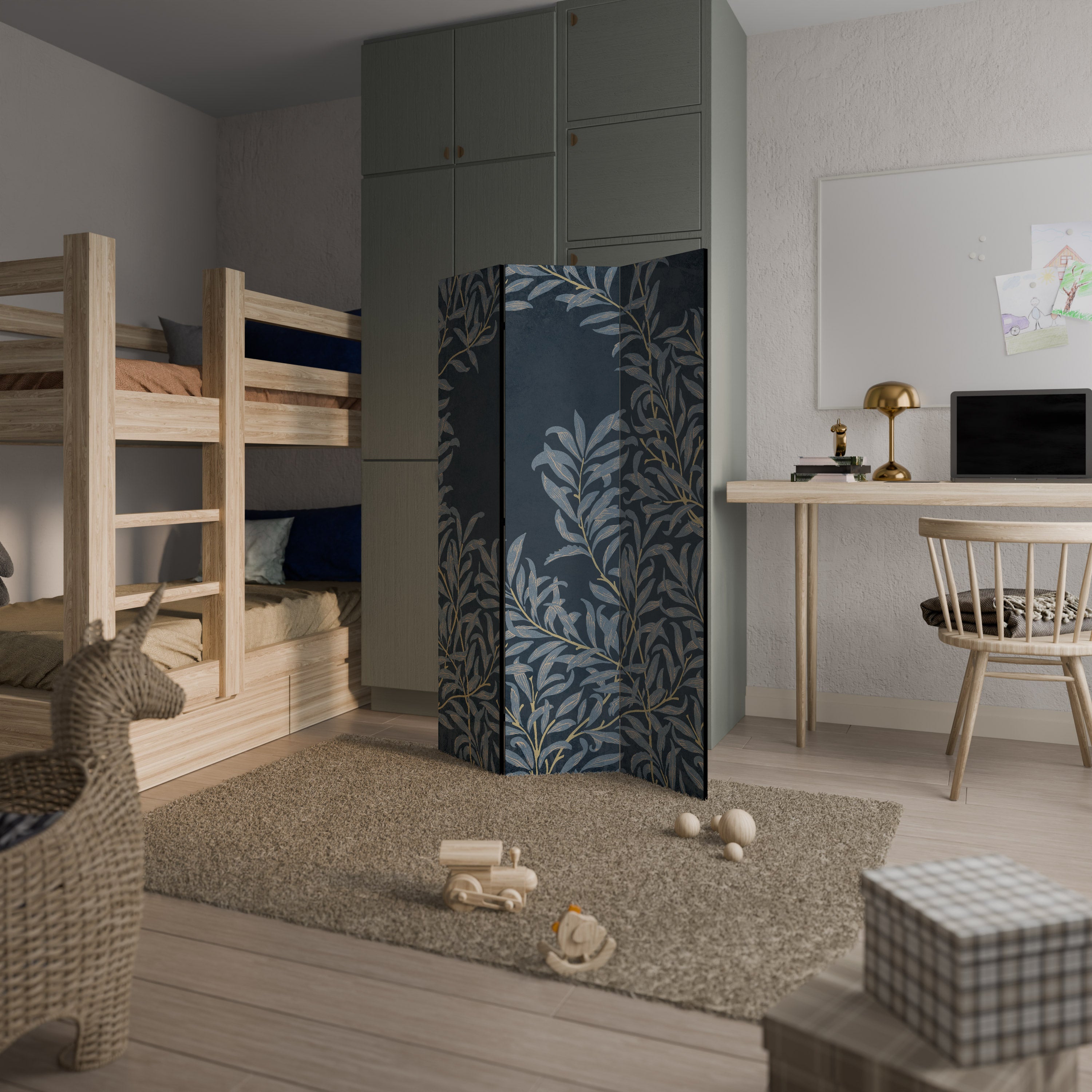 BLUE LEAVES 3-Panel Room Divider