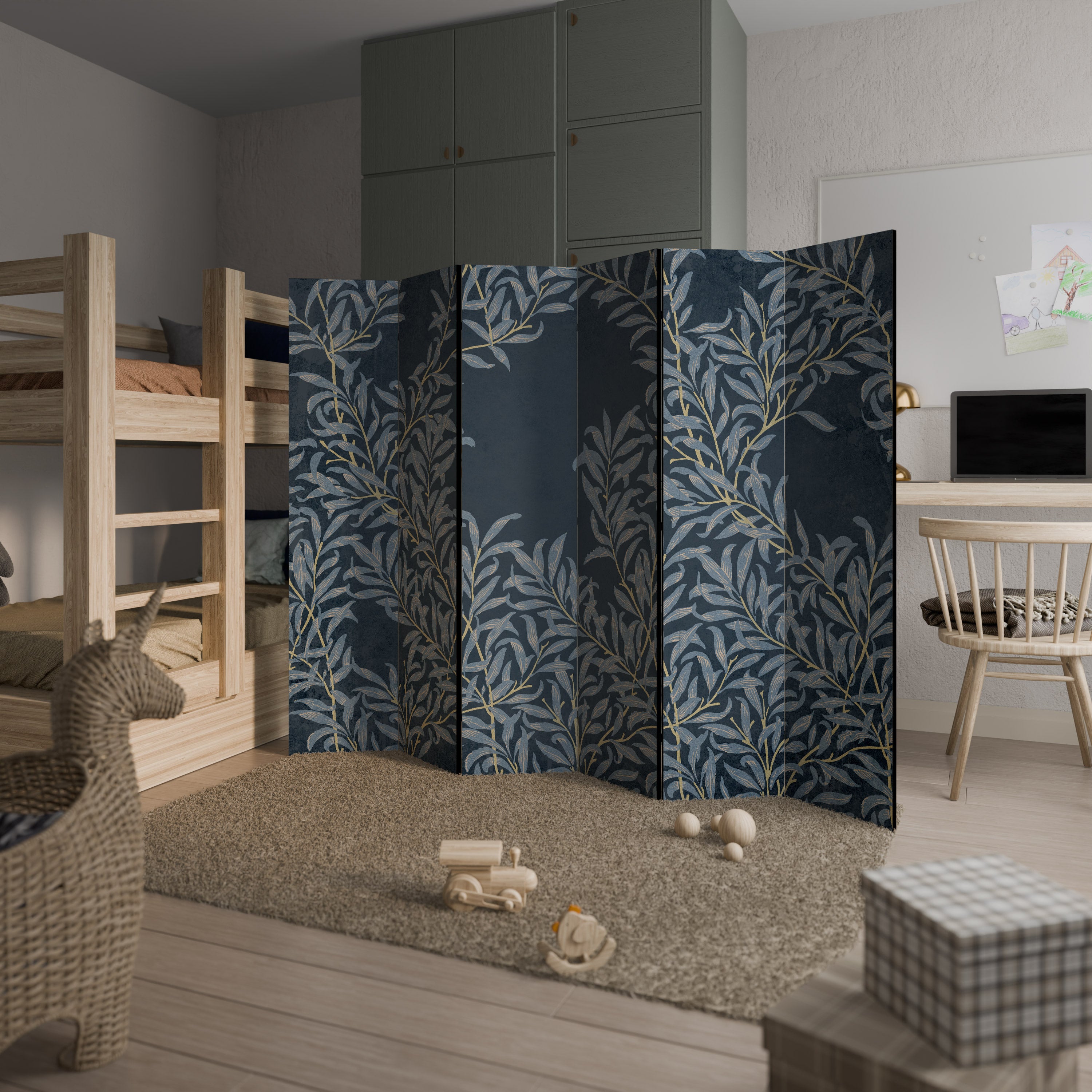 Biombo decorativo de 6 paneles con hojas azules