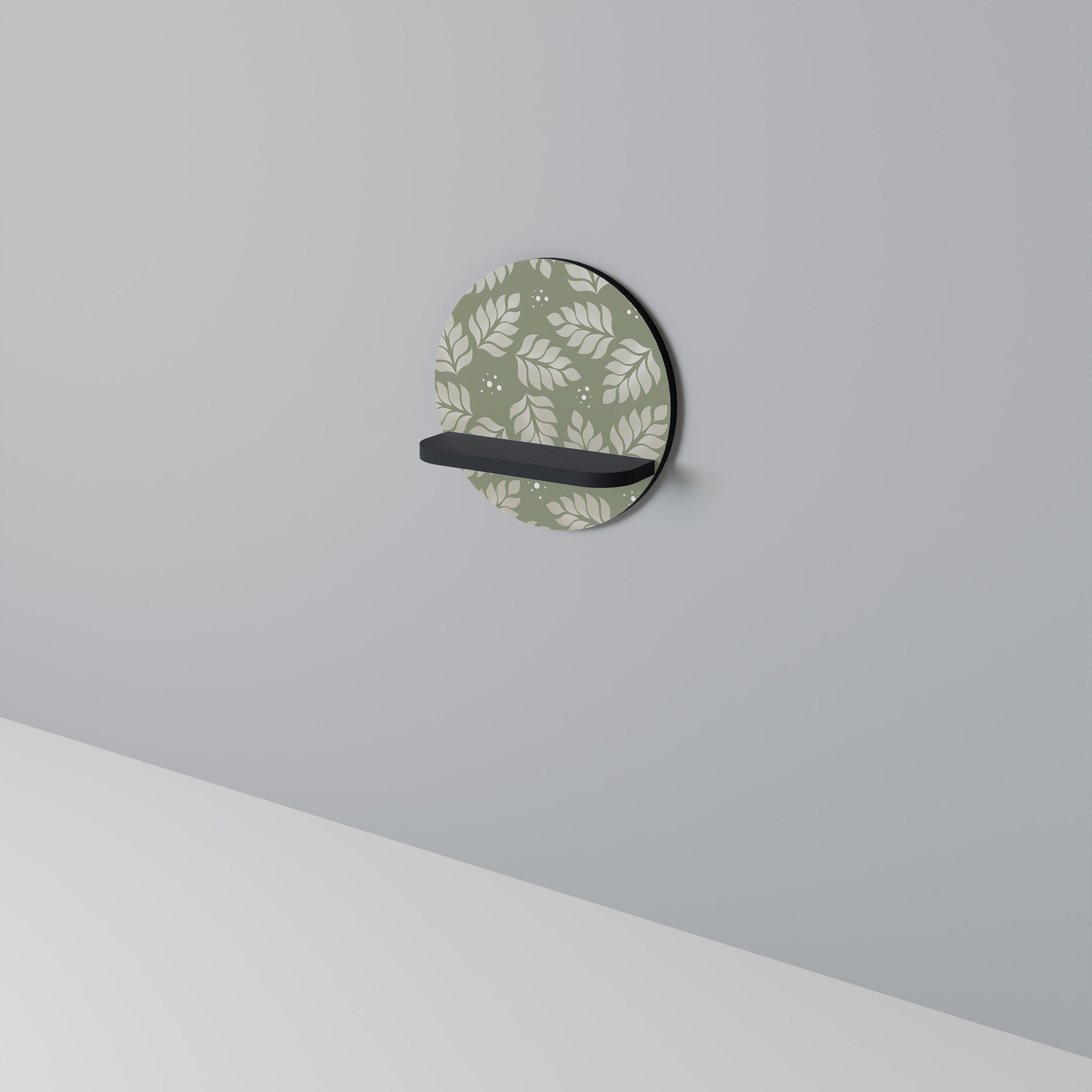 LEAVES ON GREEN Round Art Shelf In Black Finish