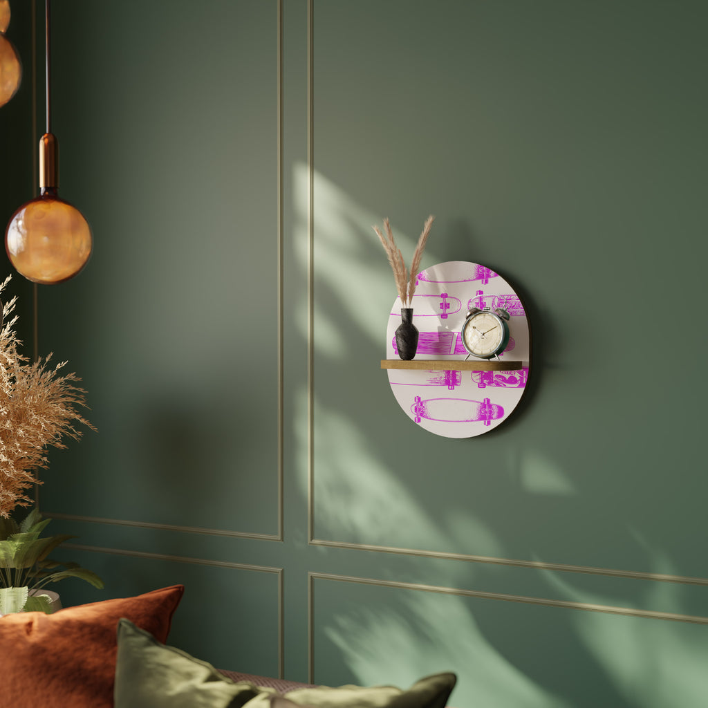 Estantería de arte ovalada con diseño de monopatín en efecto roble