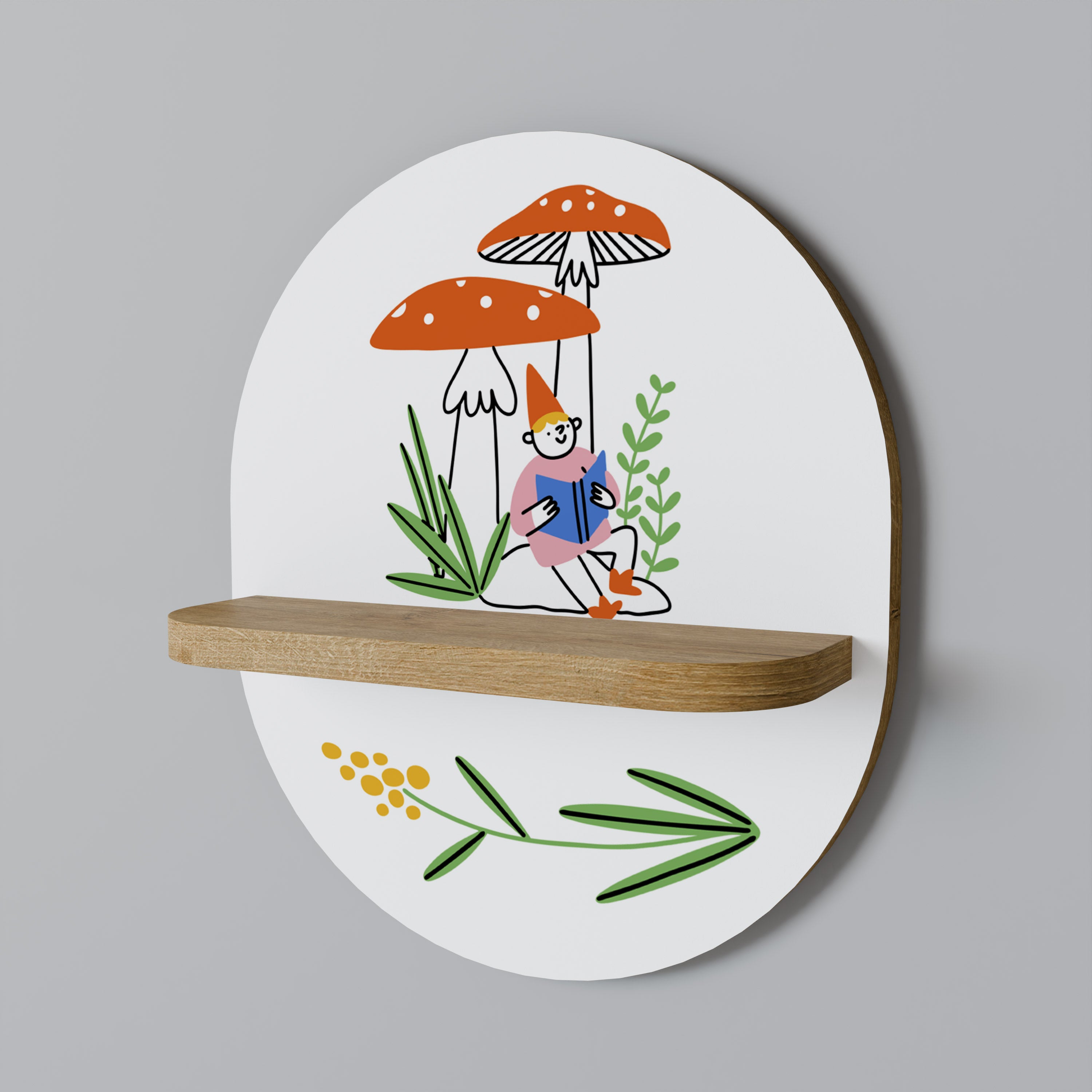 GARDEN GNOMES Oval Art Shelf In Oak Effect