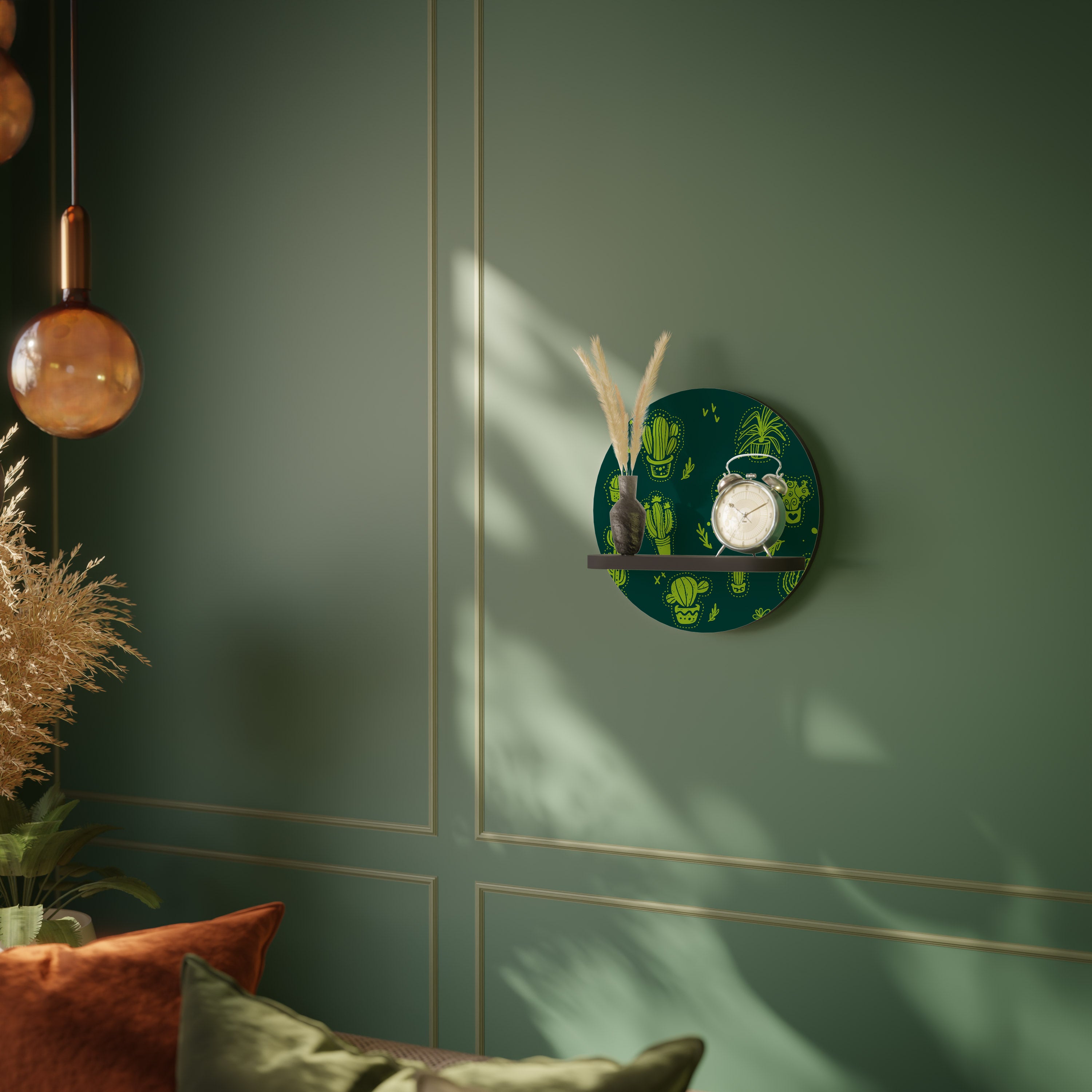 DESERT GREEN Round Art Shelf In Black Finish
