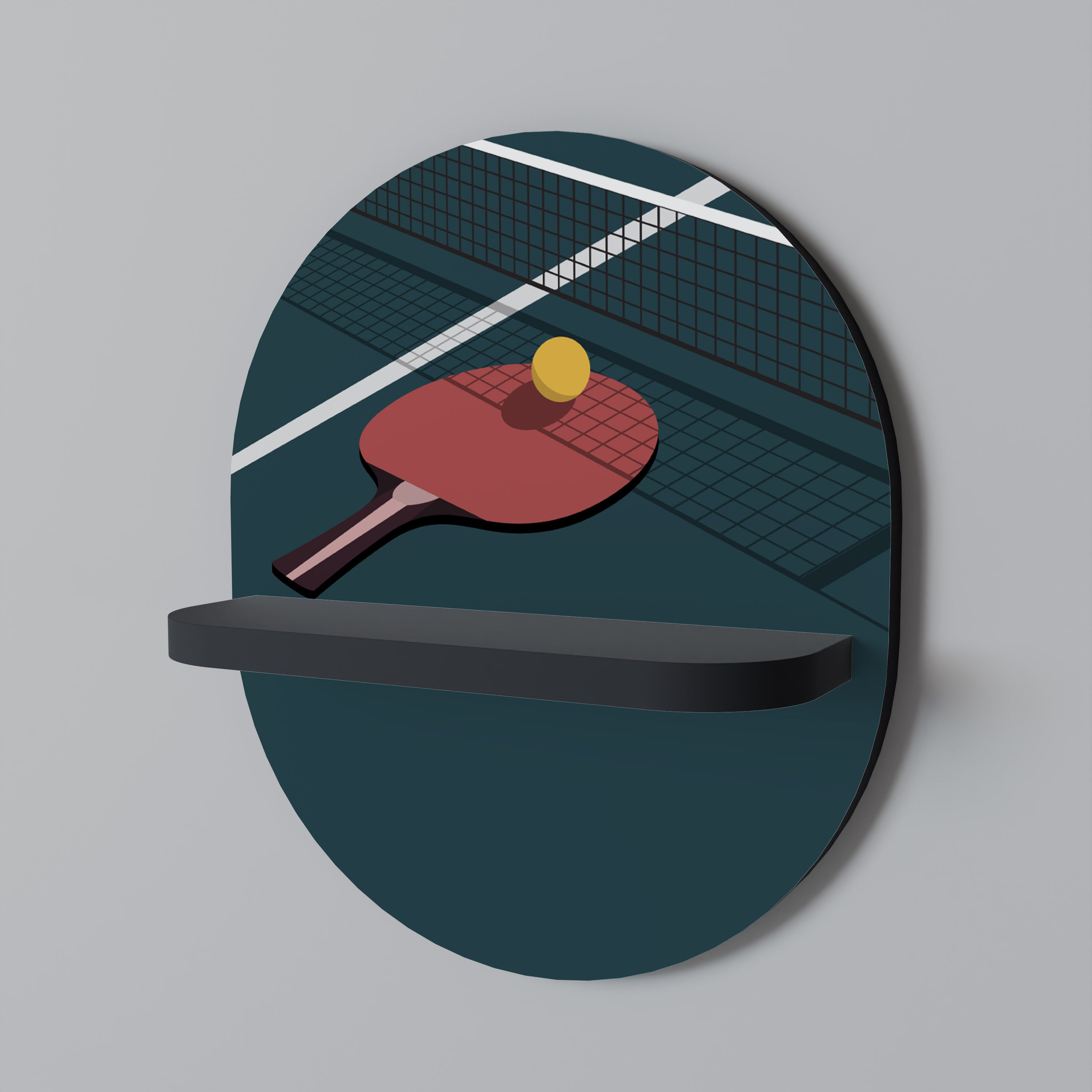 Estantería de arte ovalada con acabado negro para juegos de ping-pong