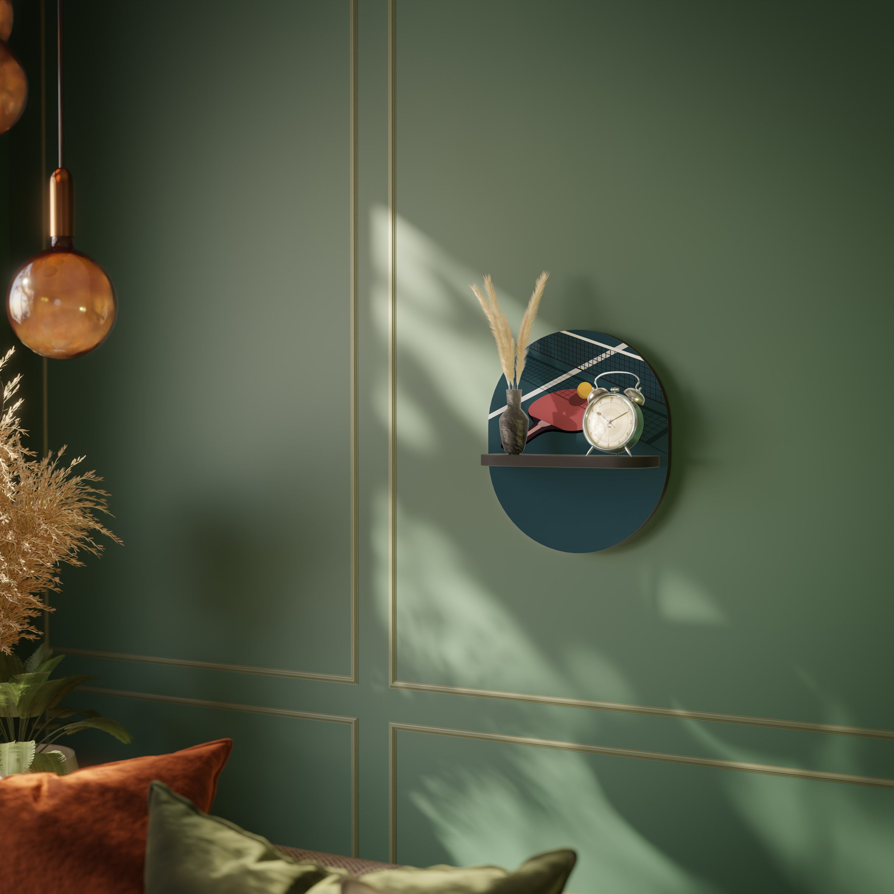 Estantería de arte ovalada con acabado negro para juegos de ping-pong