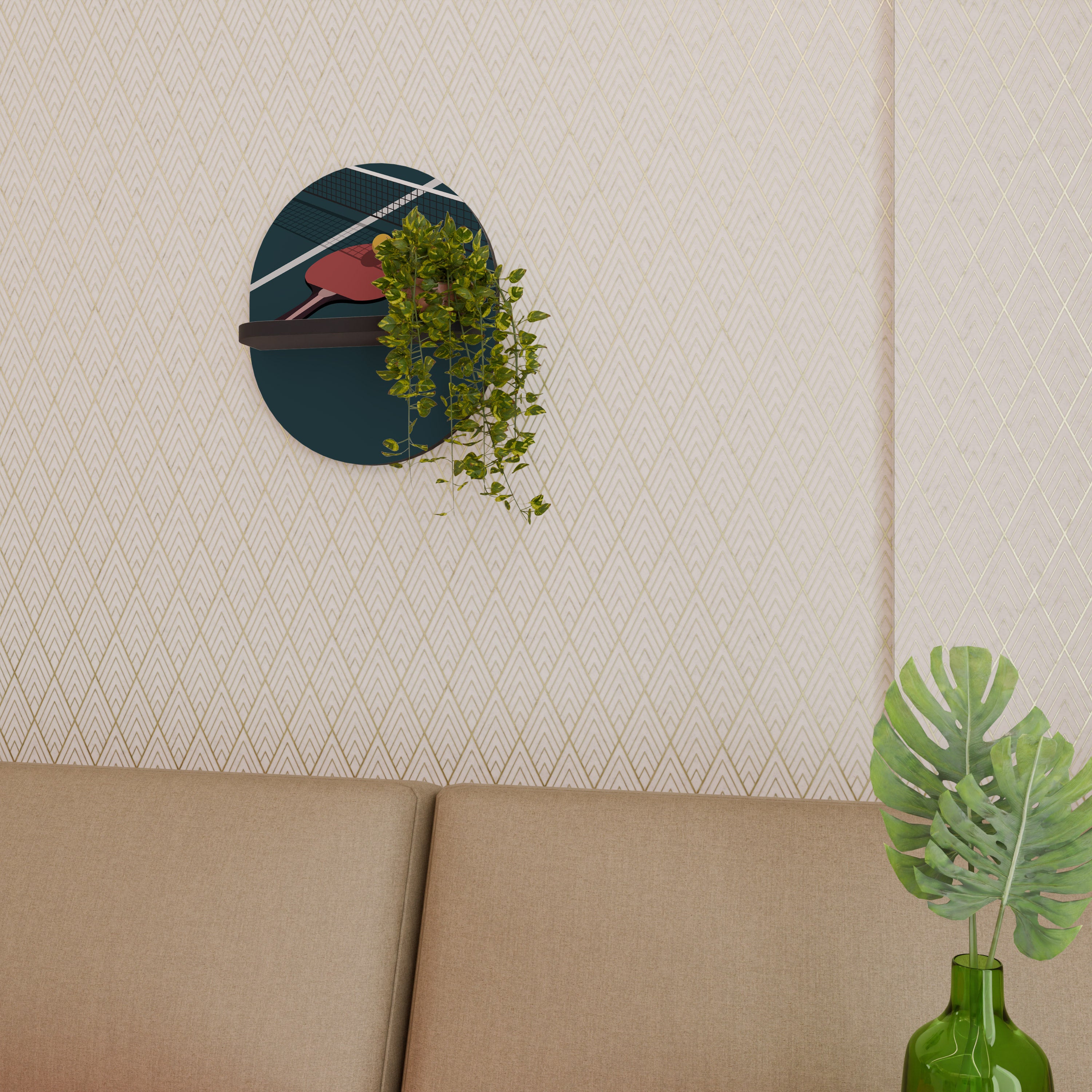 Estantería de arte ovalada con acabado negro para juegos de ping-pong