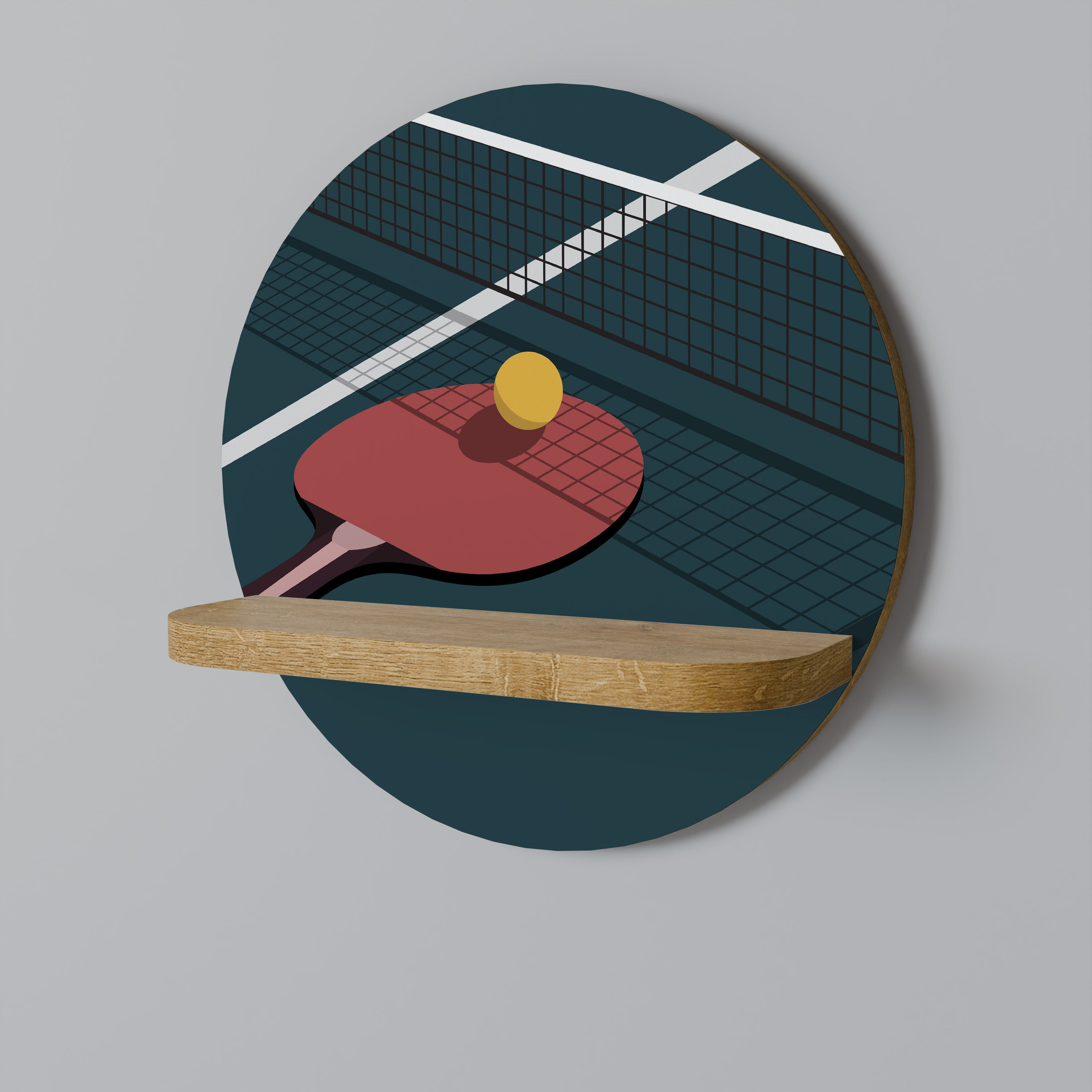Estantería de arte redonda con efecto roble para juegos de ping-pong