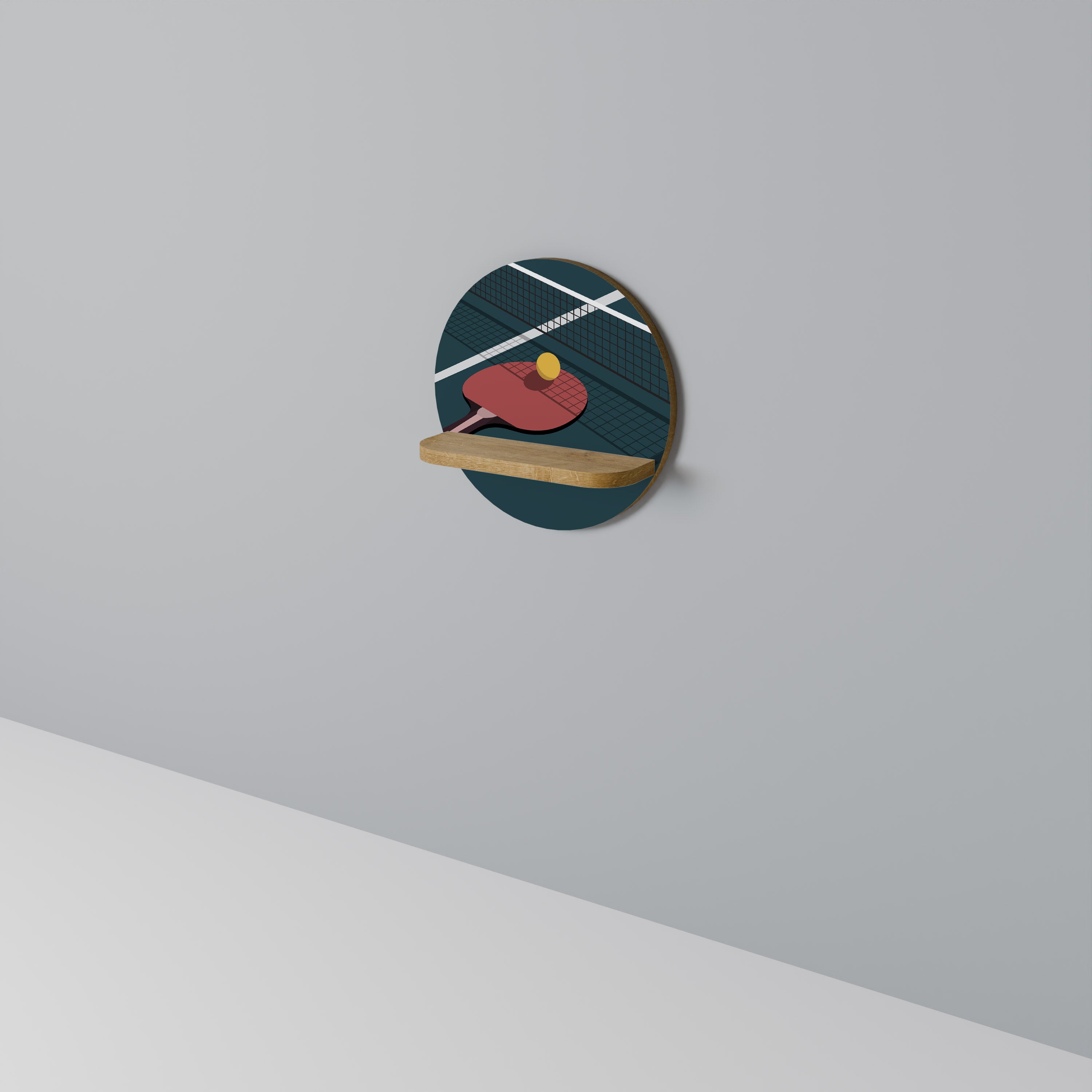 Estantería de arte redonda con efecto roble para juegos de ping-pong