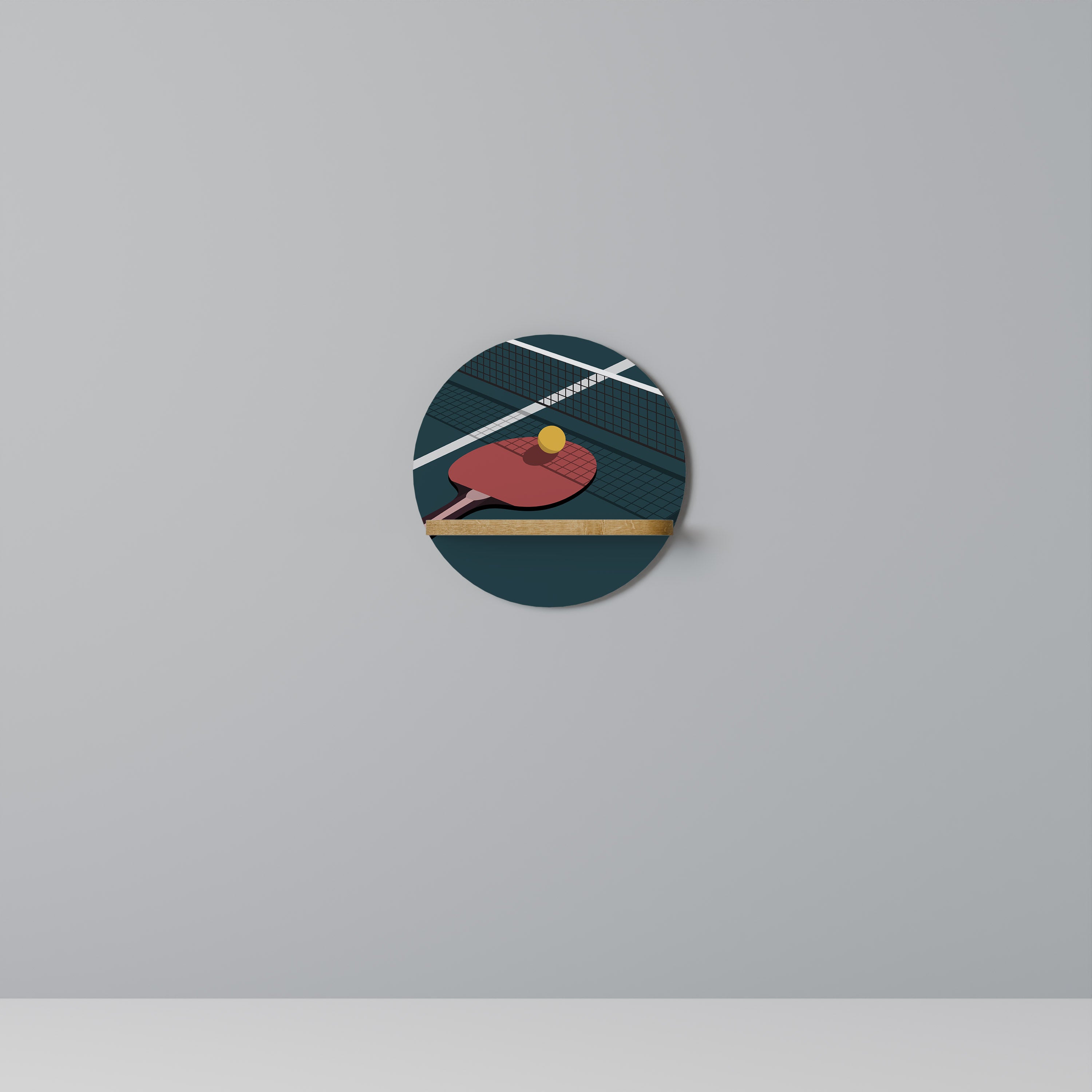 Estantería de arte redonda con efecto roble para juegos de ping-pong