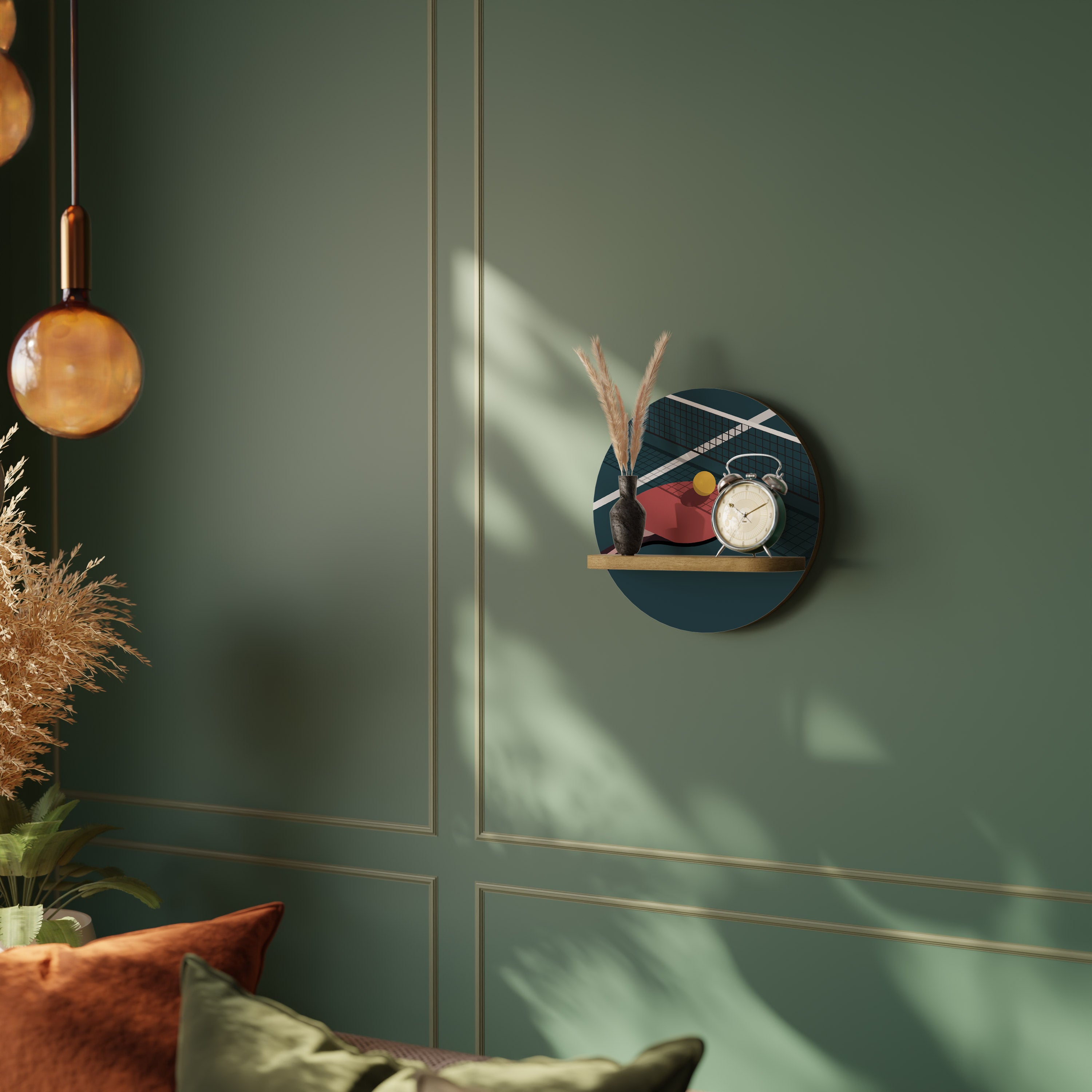 Estantería de arte redonda con efecto roble para juegos de ping-pong