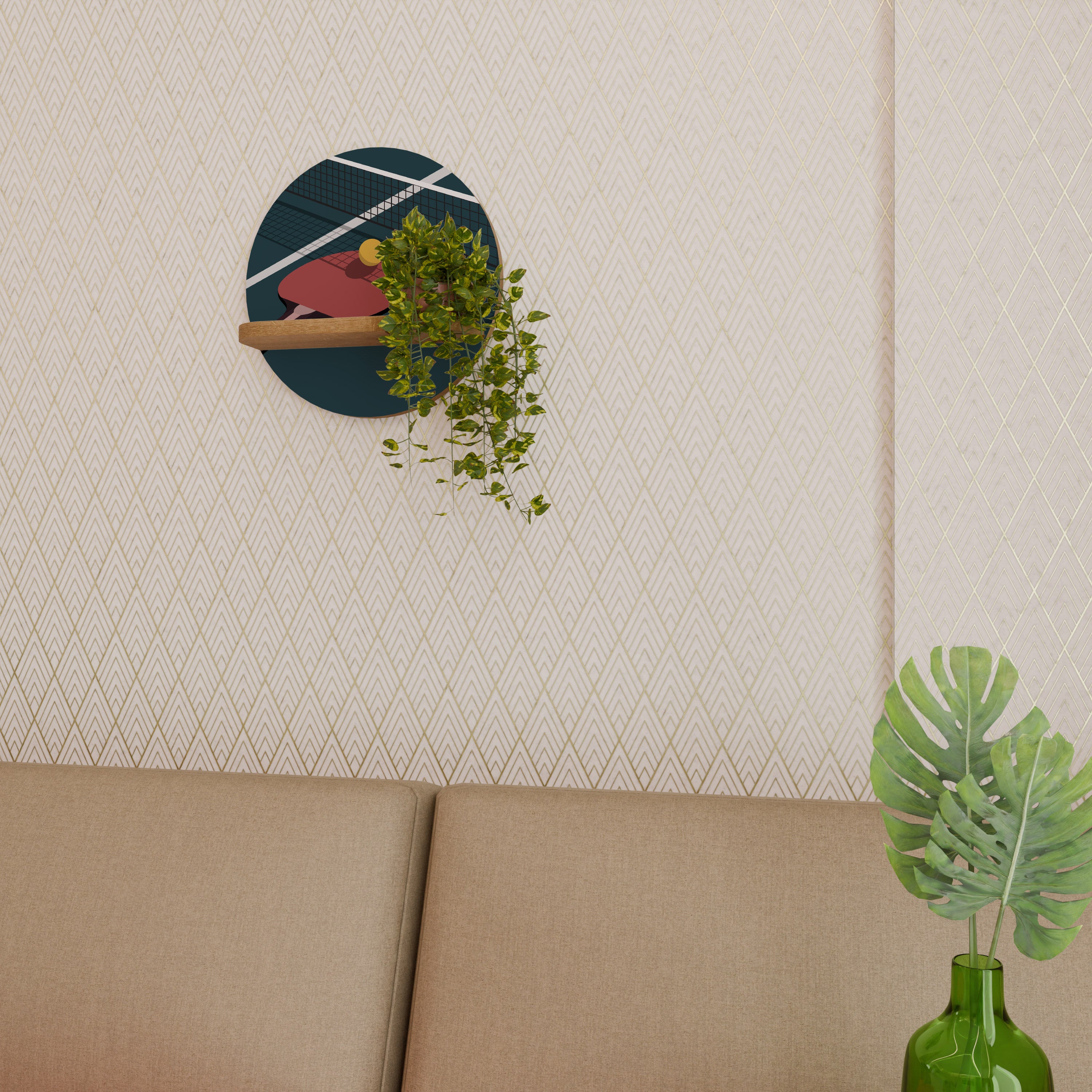 Estantería de arte redonda con efecto roble para juegos de ping-pong