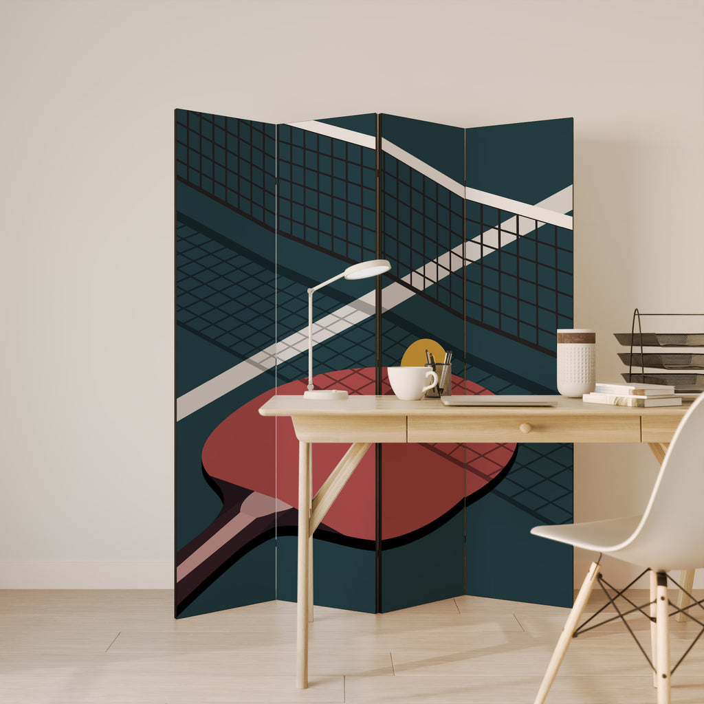 Biombo decorativo de 4 paneles con diseño de juego de ping-pong