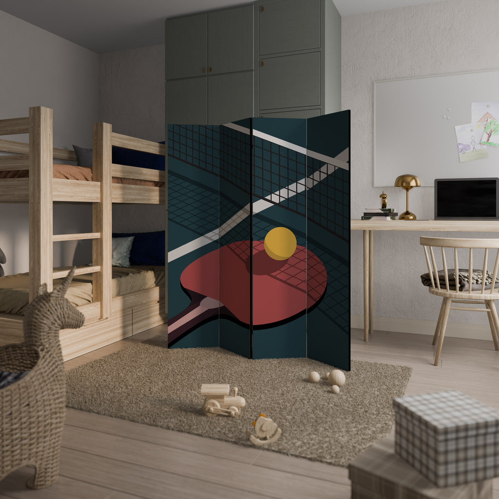 Biombo decorativo de 4 paneles con diseño de juego de ping-pong