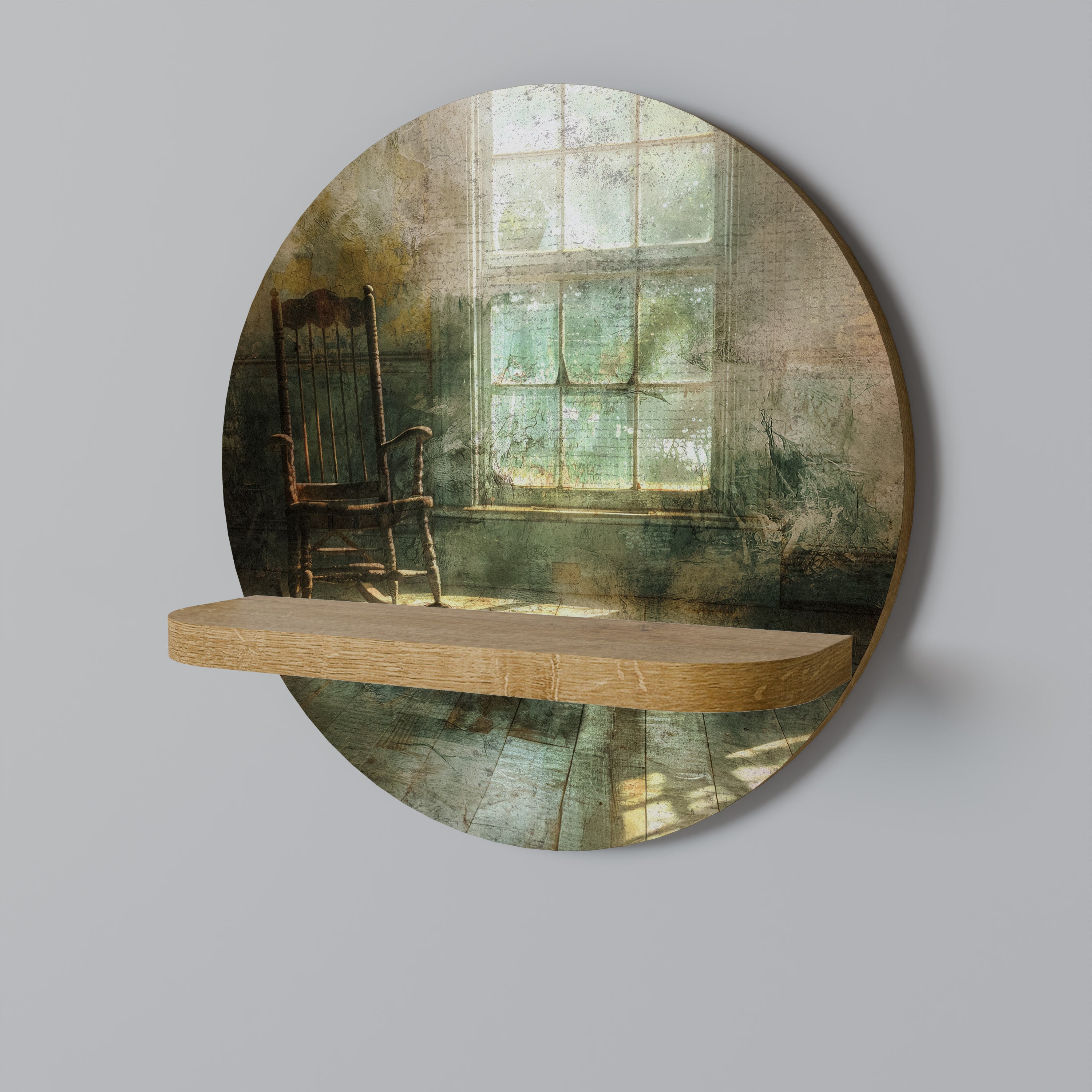 QUIETUD SOLAR Estantería de arte redonda con efecto roble