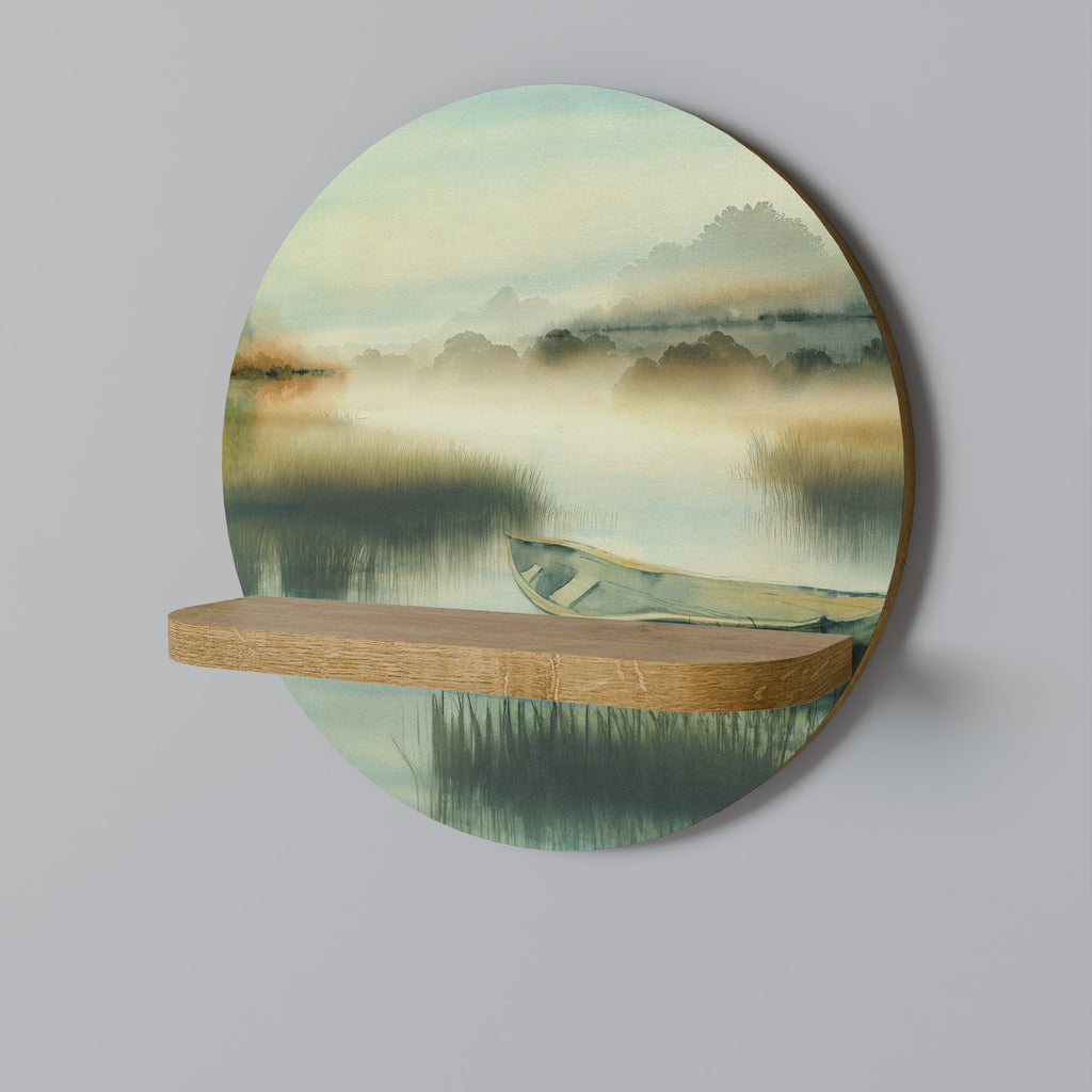 Estantería de arte redonda MAÑANA JUNTO AL LAGO con efecto roble