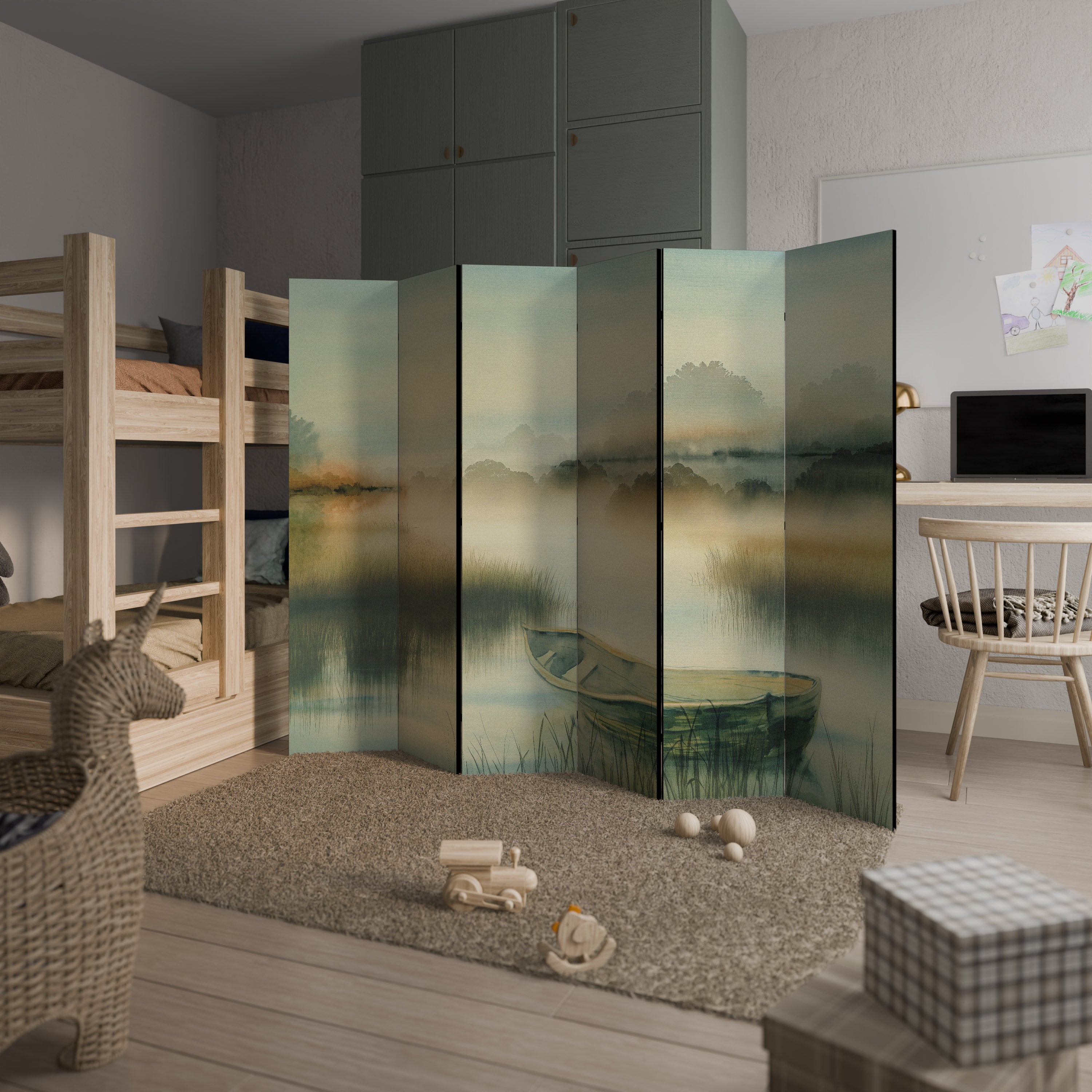 Biombo decorativo de 6 paneles MAÑANA JUNTO AL LAGO