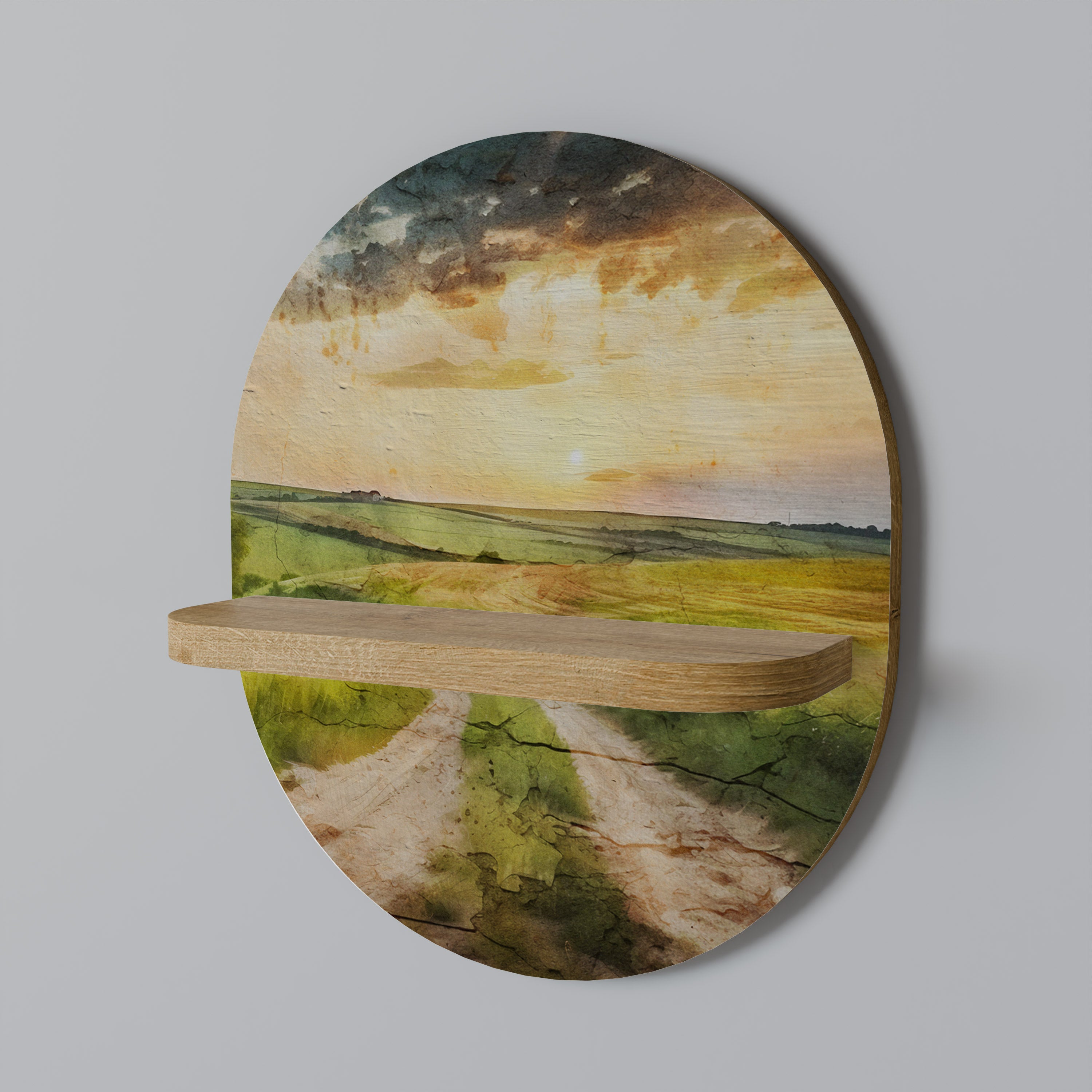 SUNSET PATH Oval Art Shelf In Oak Effect
