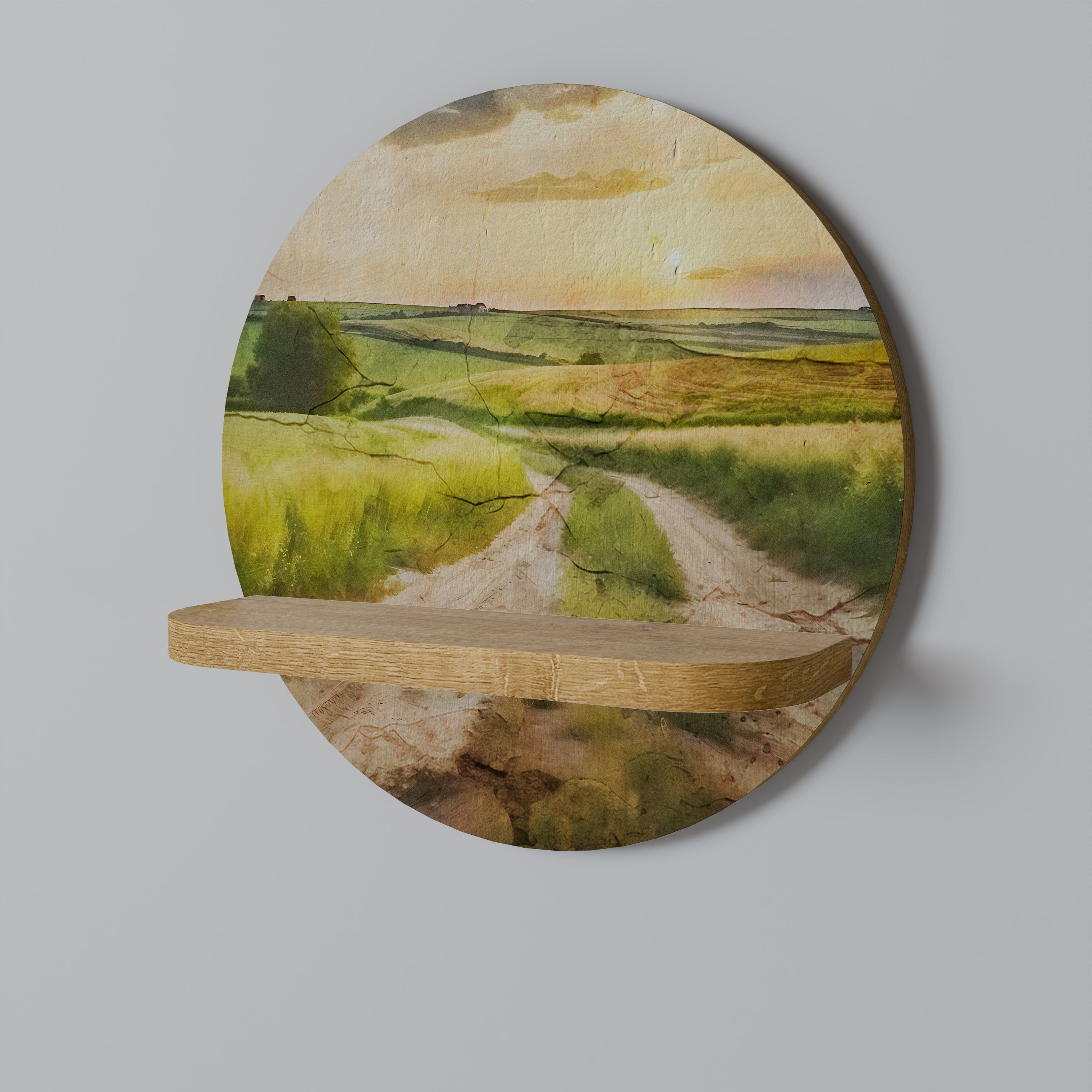 Estantería de arte redonda SUNSET PATH con efecto roble