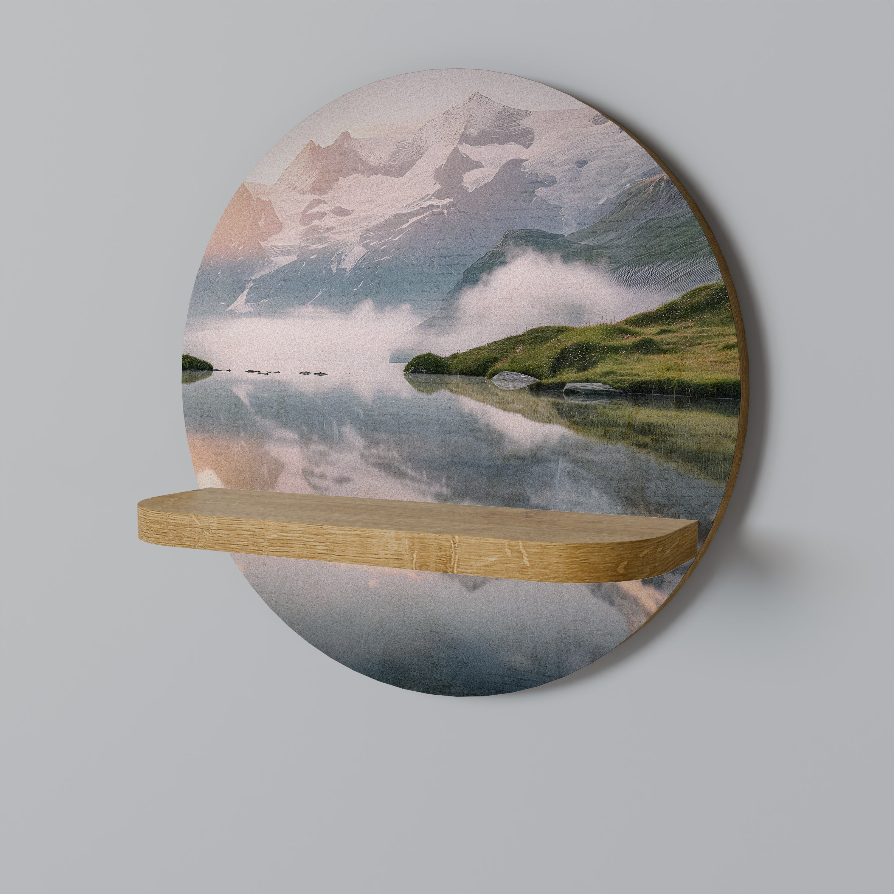 Estantería de arte redonda FOGGY HORIZON con efecto roble