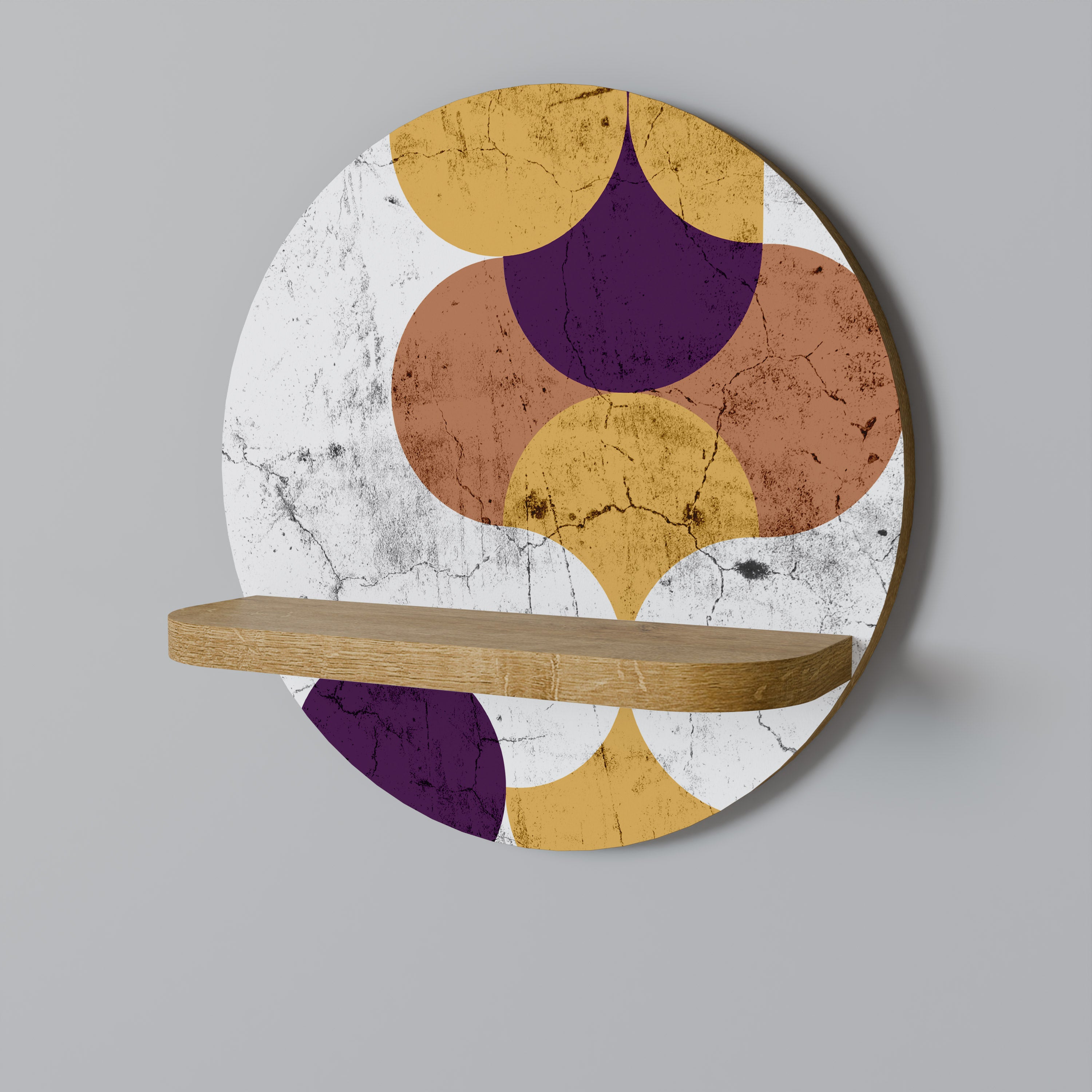 Estantería de arte redonda con efecto roble y geometría agrietada