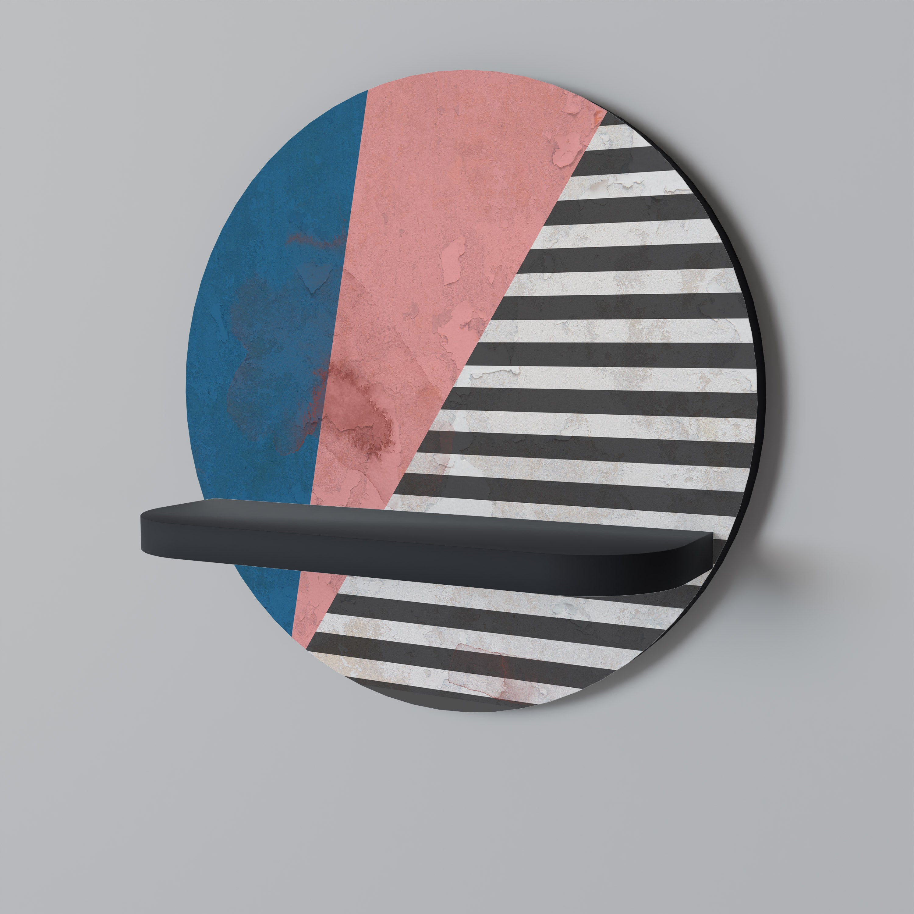 GLAMOROUS STRIPE Round Art Shelf In Black Finish