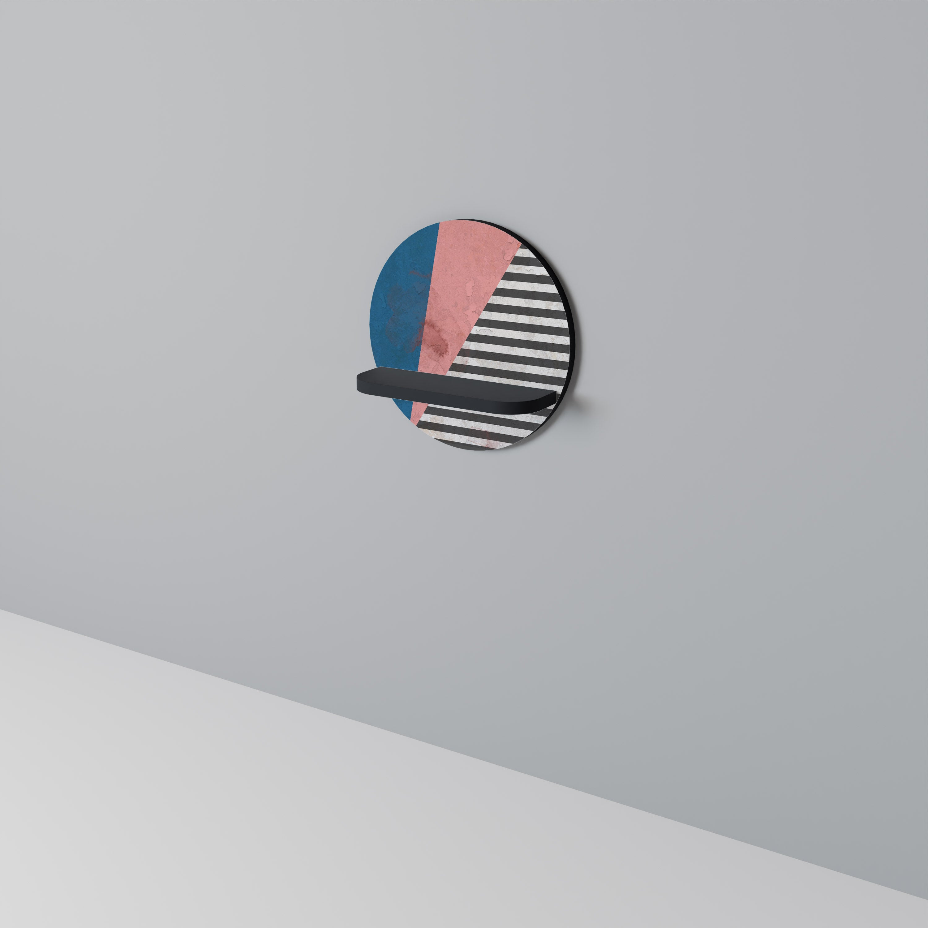 GLAMOROUS STRIPE Round Art Shelf In Black Finish