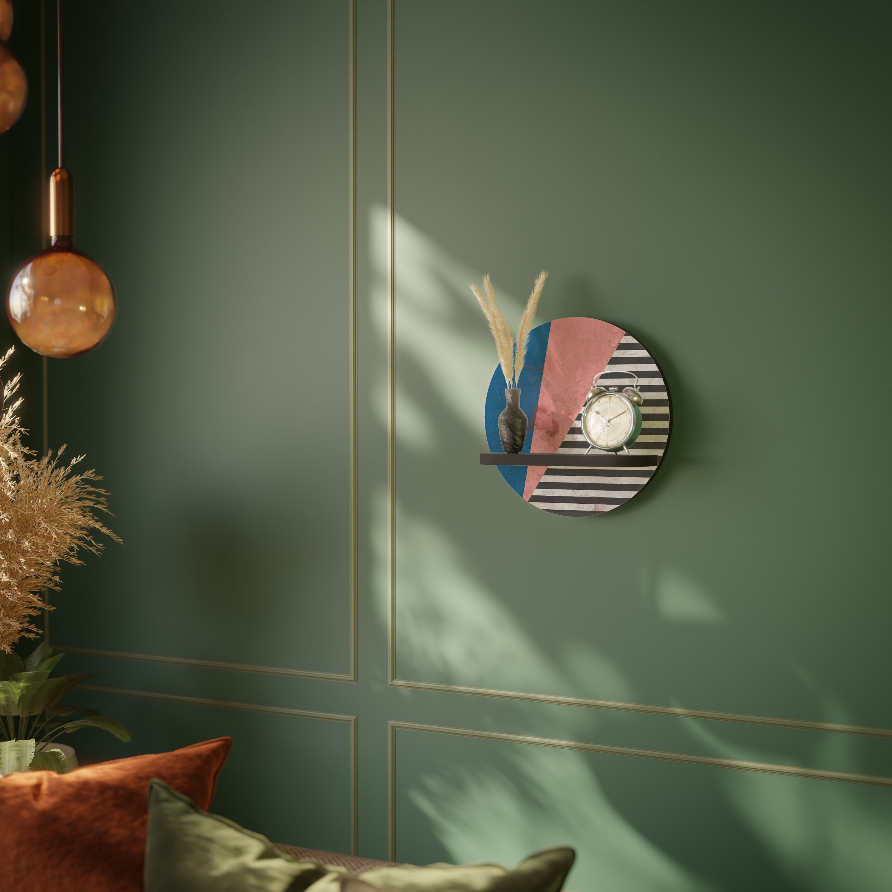 GLAMOROUS STRIPE Round Art Shelf In Black Finish