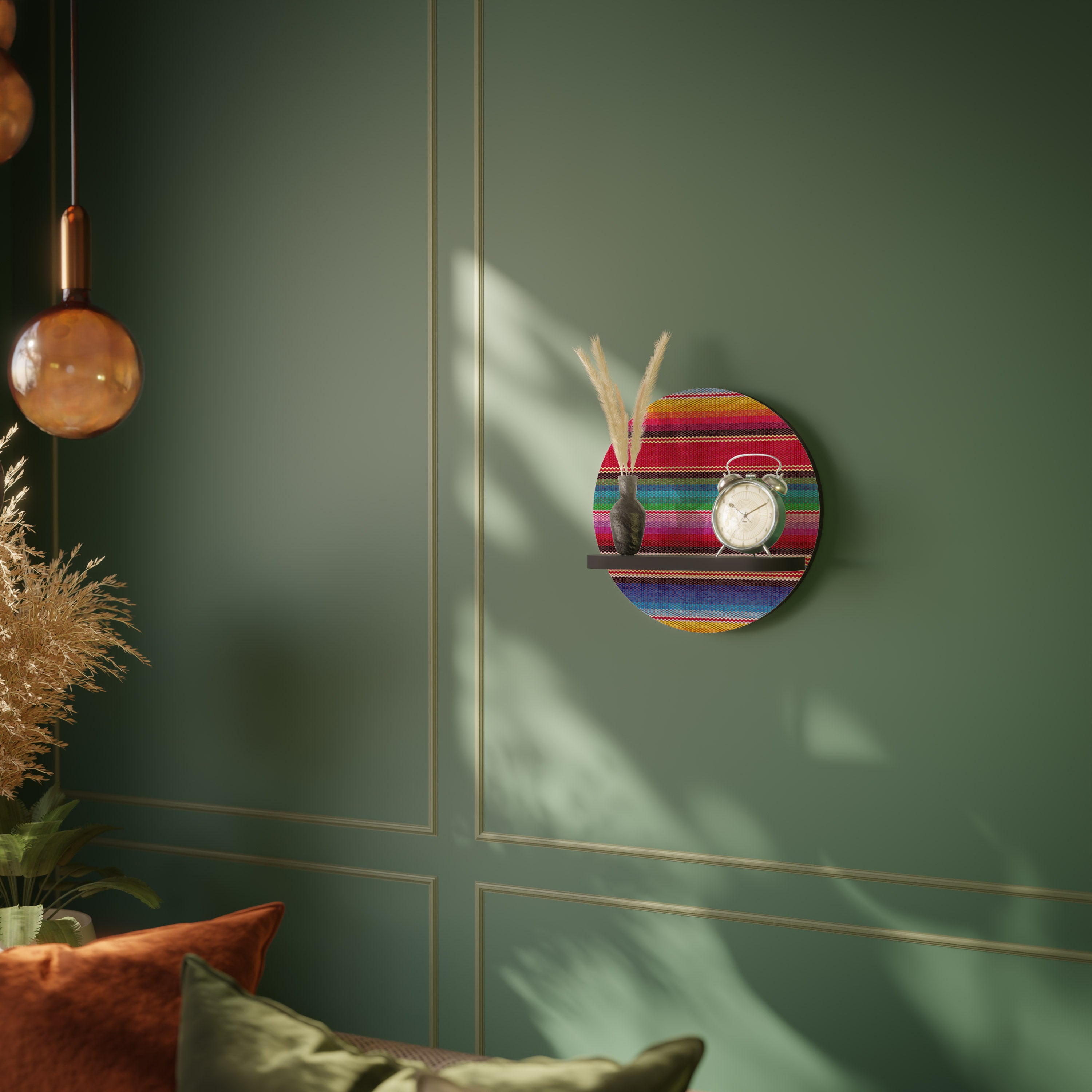 ETHNIC MEXICAN Round Art Shelf In Black Finish